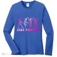 Stay Positive Pink Breast Cancer Halloween Spooky Skeleton Cute Gift Women's Long Sleeve Shirt thumb 0
