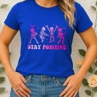 Stay Positive Pink Breast Cancer Halloween Spooky Skeleton Cute Gift Women's T-Shirt thumb 2