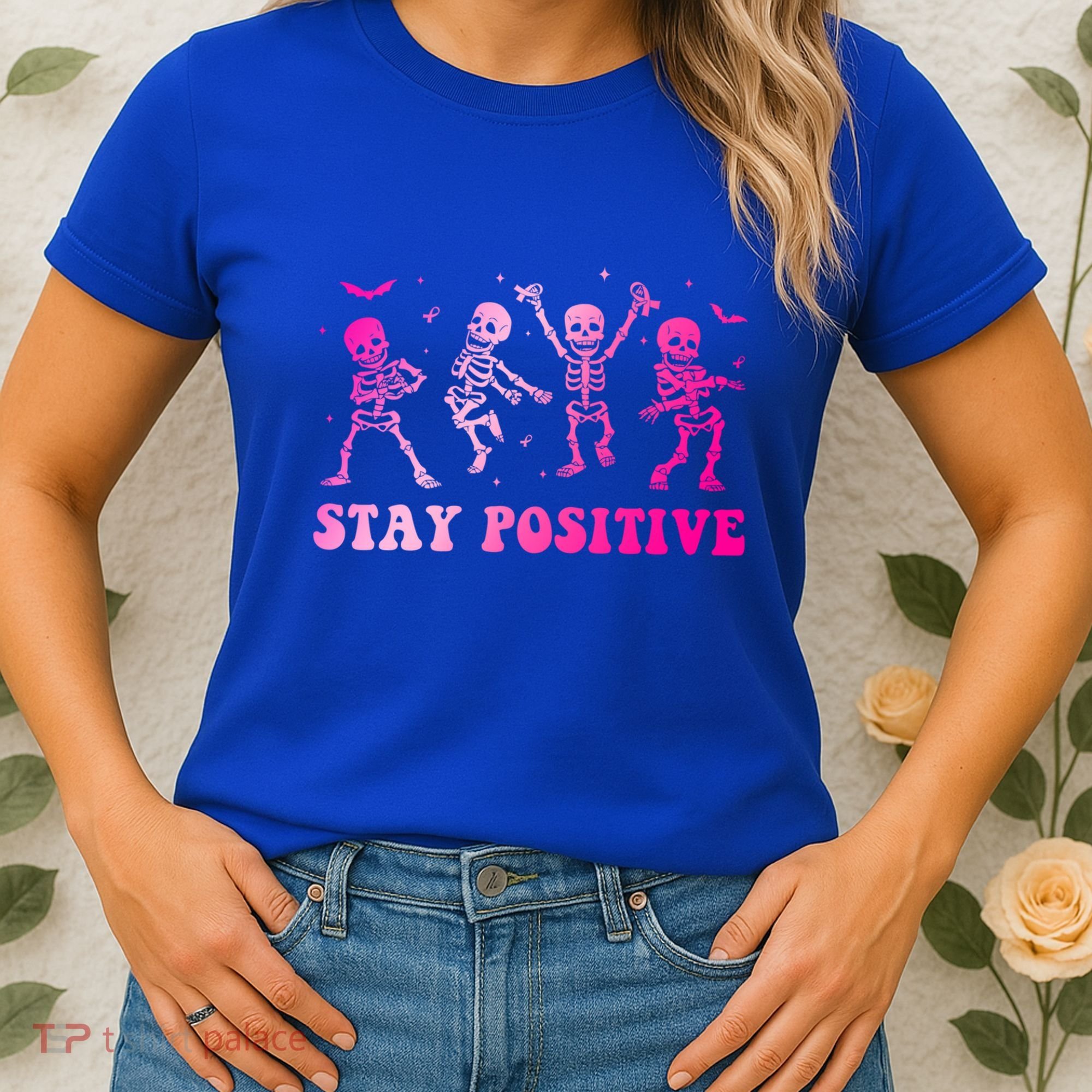 Stay Positive Pink Breast Cancer Halloween Spooky Skeleton Cute Gift Women's T-Shirt
