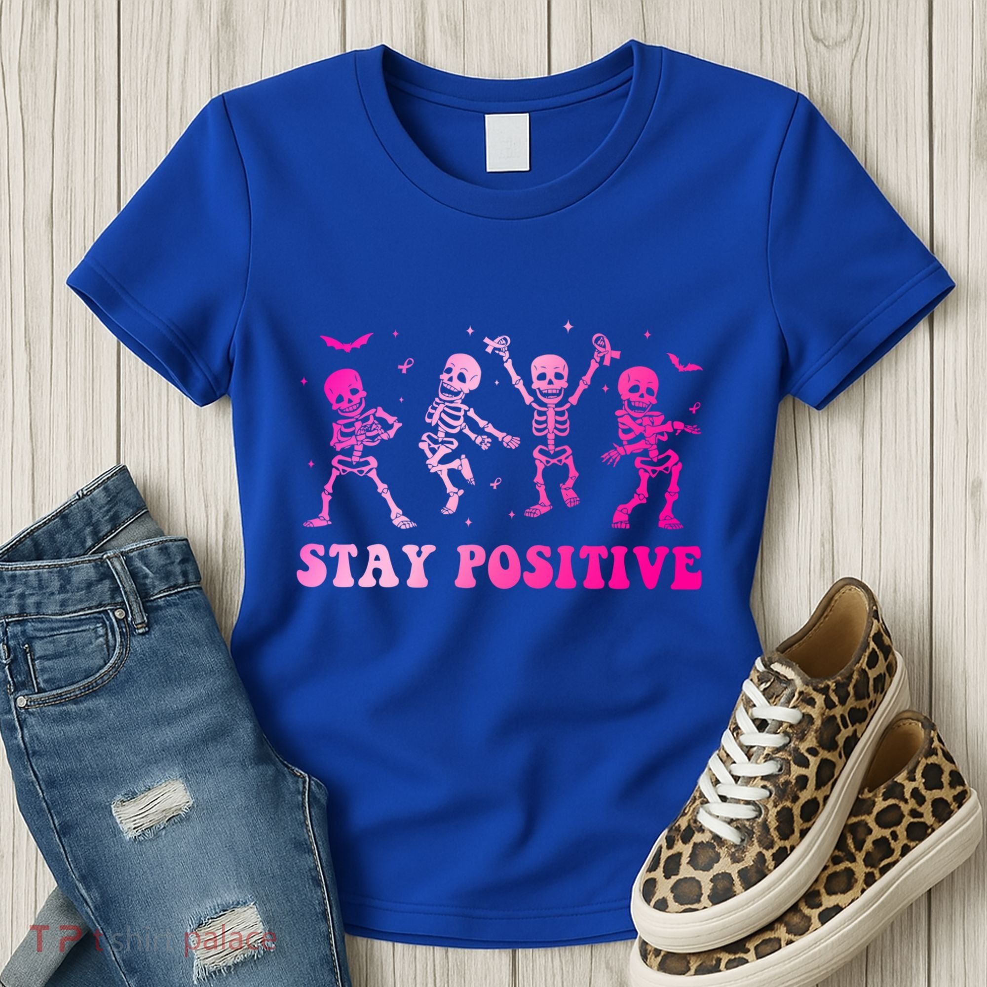Stay Positive Pink Breast Cancer Halloween Spooky Skeleton Cute Gift Women's T-Shirt