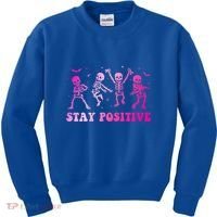 Stay Positive Pink Breast Cancer Halloween Spooky Skeleton Cute Gift Kids Sweatshirt thumb 0
