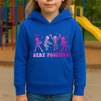 Stay Positive Pink Breast Cancer Halloween Spooky Skeleton Cute Gift Kids Hoodie thumb 3