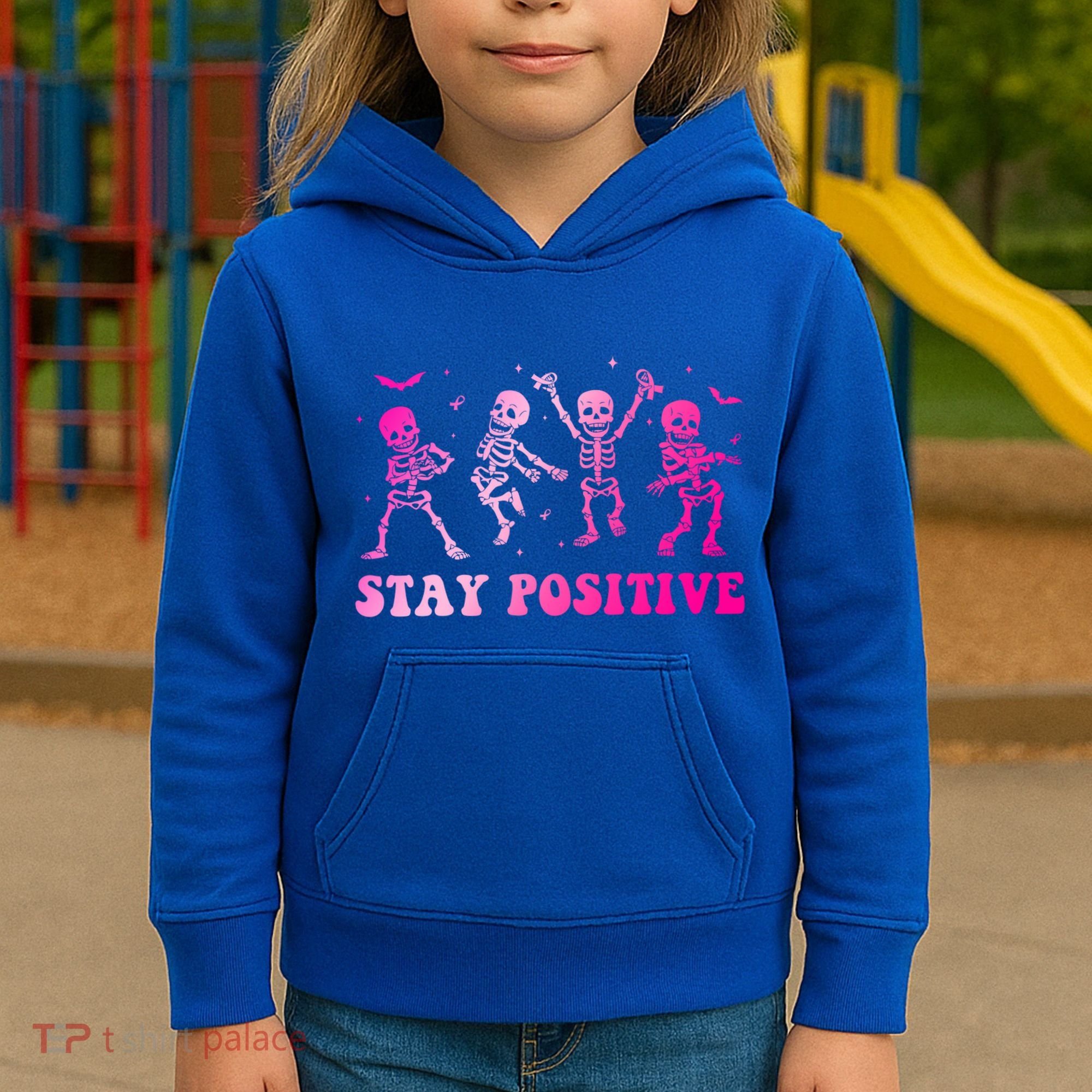 Stay Positive Pink Breast Cancer Halloween Spooky Skeleton Cute Gift Kids Hoodie