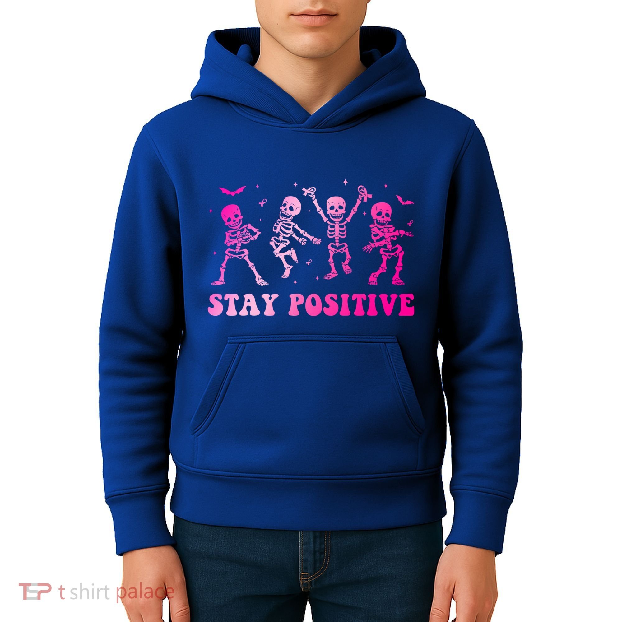 Stay Positive Pink Breast Cancer Halloween Spooky Skeleton Cute Gift Kids Hoodie