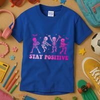 Stay Positive Pink Breast Cancer Halloween Spooky Skeleton Cute Gift Kids T-Shirt thumb 3