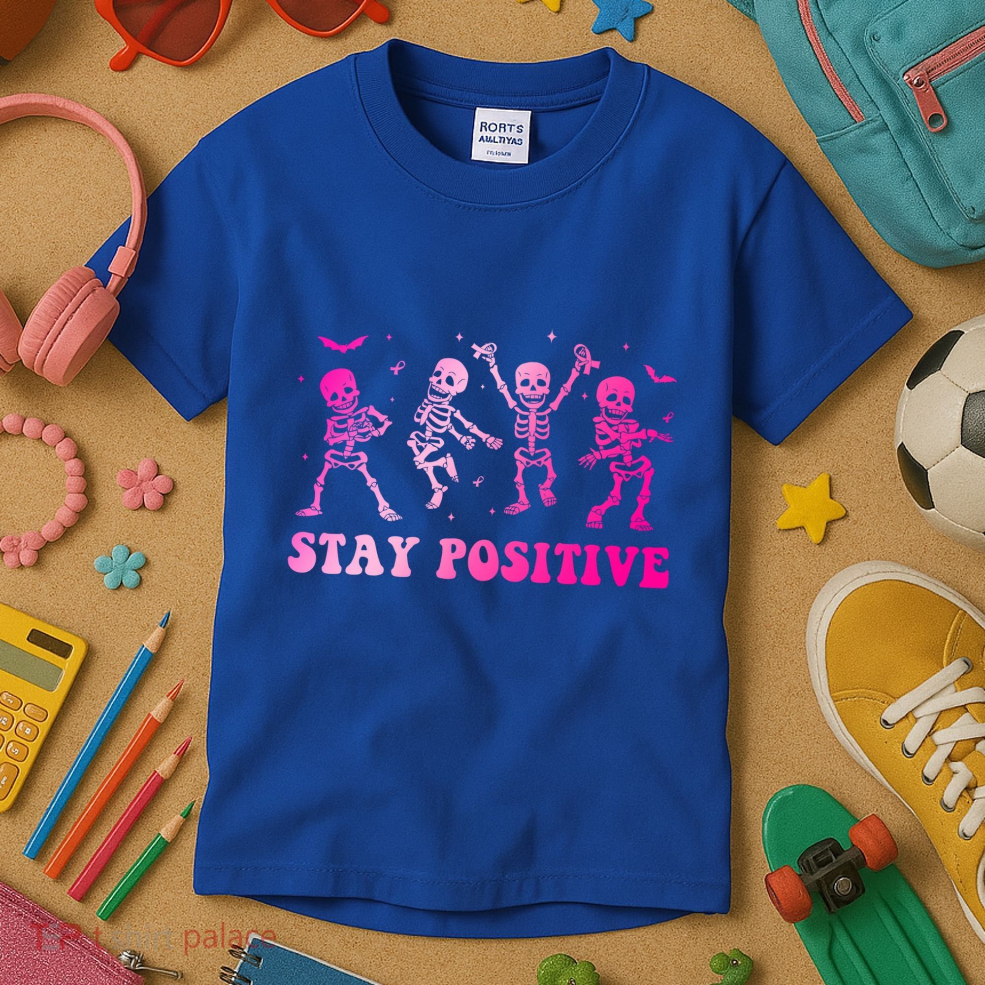 Stay Positive Pink Breast Cancer Halloween Spooky Skeleton Cute Gift Kids T-Shirt