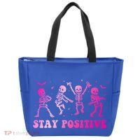 Stay Positive Pink Breast Cancer Halloween Spooky Skeleton Cute Gift Tote Bag thumb 0