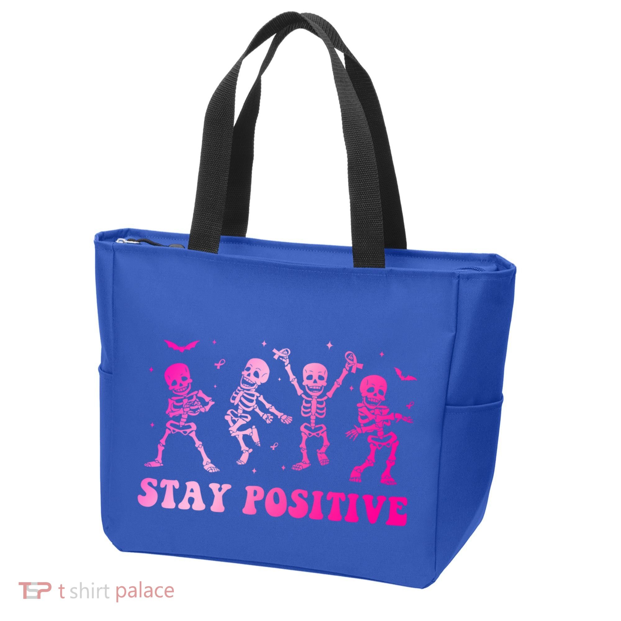 Stay Positive Pink Breast Cancer Halloween Spooky Skeleton Cute Gift Tote Bag