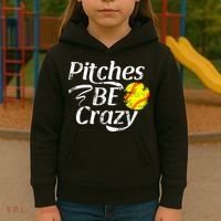 Softball Player Pitches Be Crazy Funny Softball Pitcher Kids Hoodie thumb 3