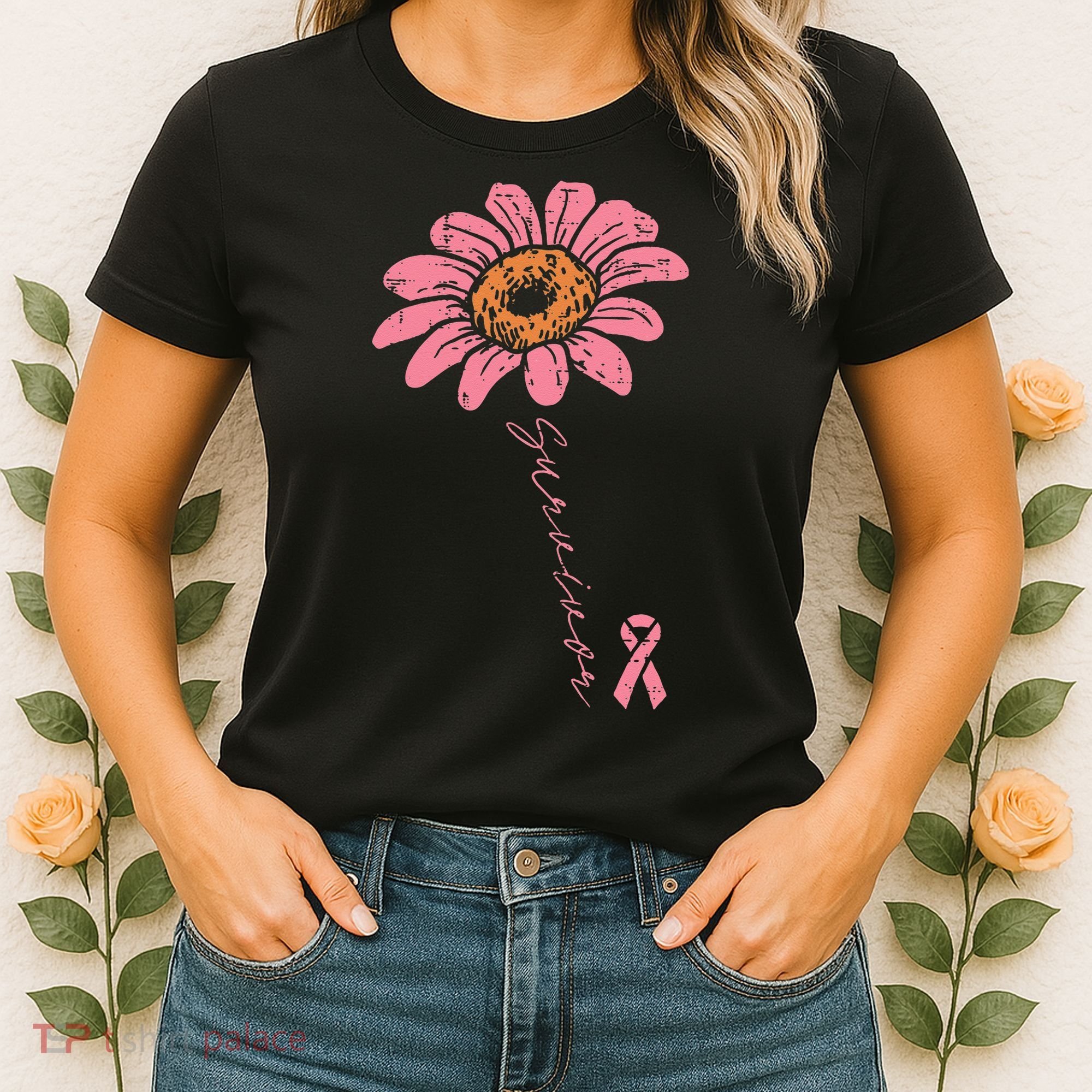 Sunflower Pink Ribbon Breast Cancer Survivor Awareness Women's T-Shirt