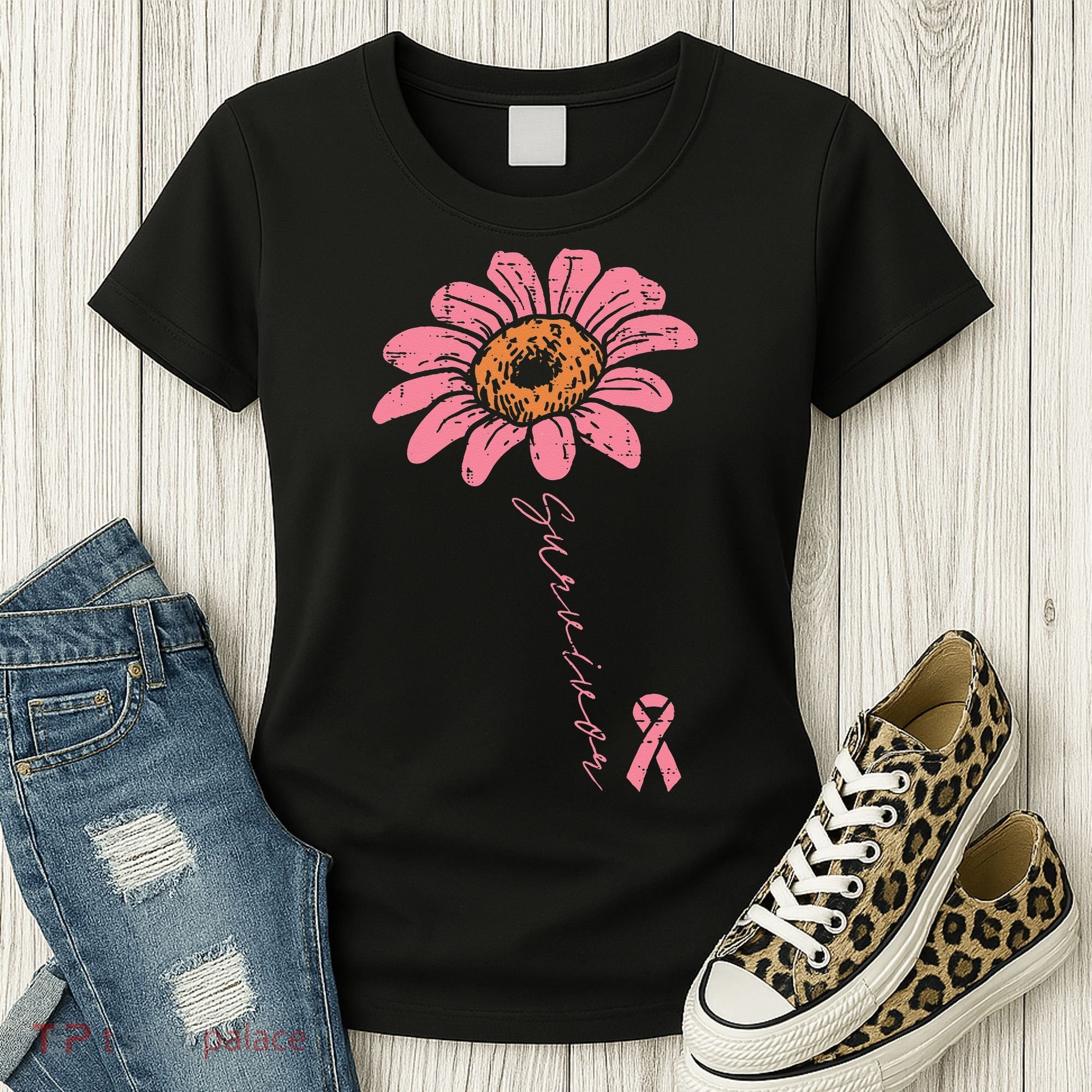 Sunflower Pink Ribbon Breast Cancer Survivor Awareness Women's T-Shirt