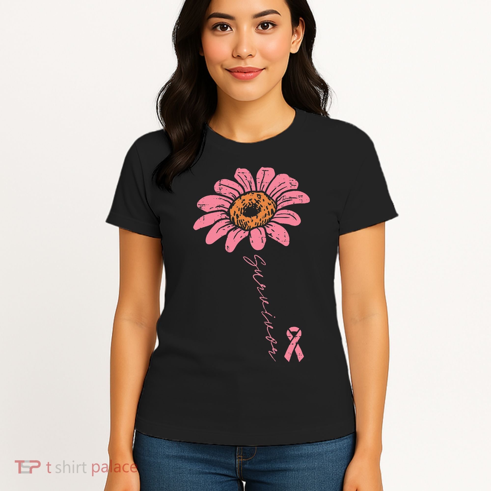 Sunflower Pink Ribbon Breast Cancer Survivor Awareness Women's T-Shirt