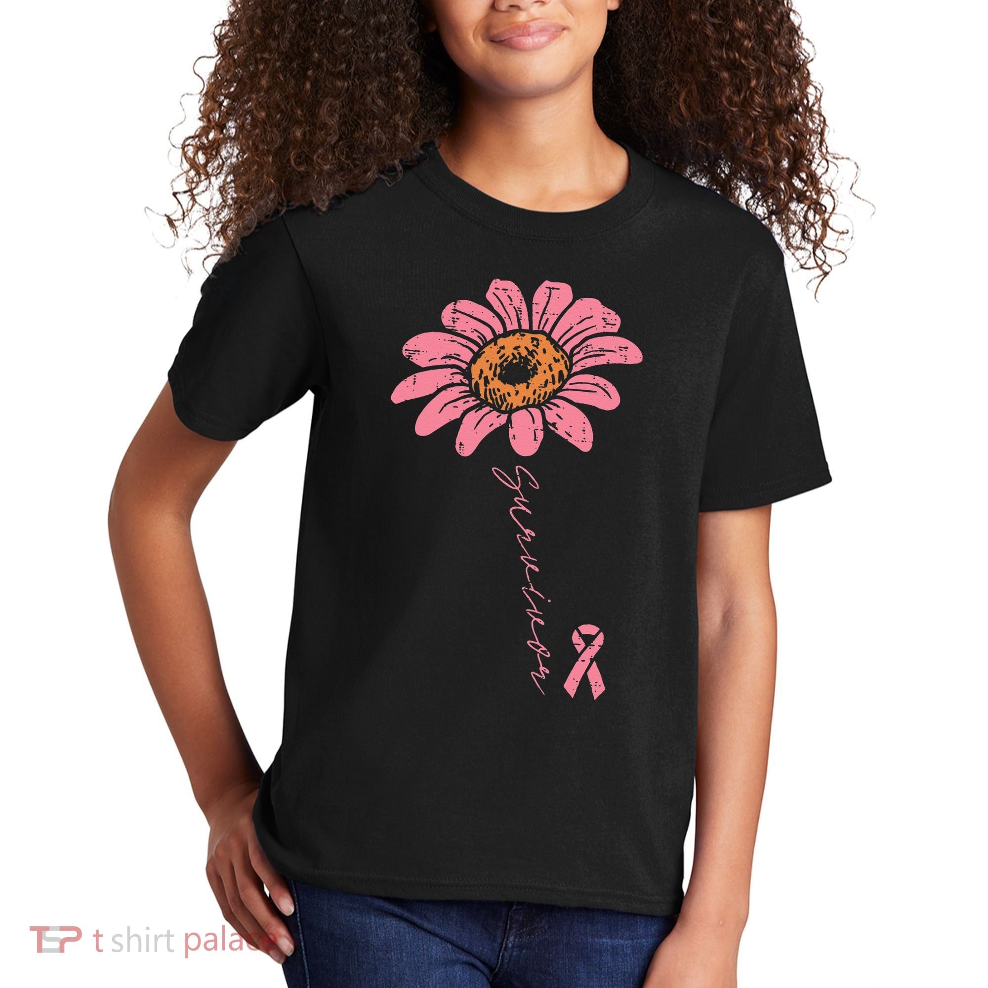 Sunflower Pink Ribbon Breast Cancer Survivor Awareness Kids T-Shirt