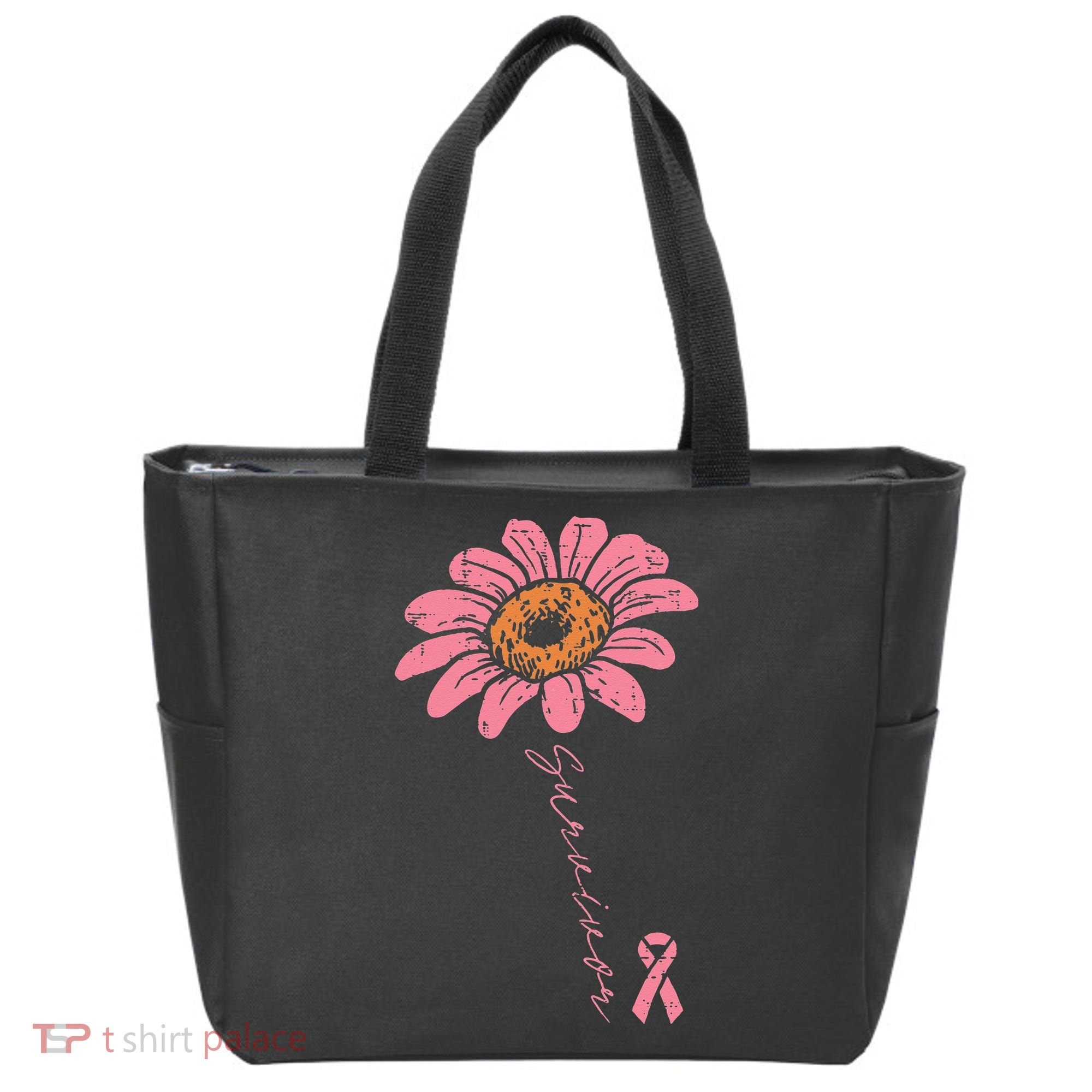 Sunflower Pink Ribbon Breast Cancer Survivor Awareness Tote Bag