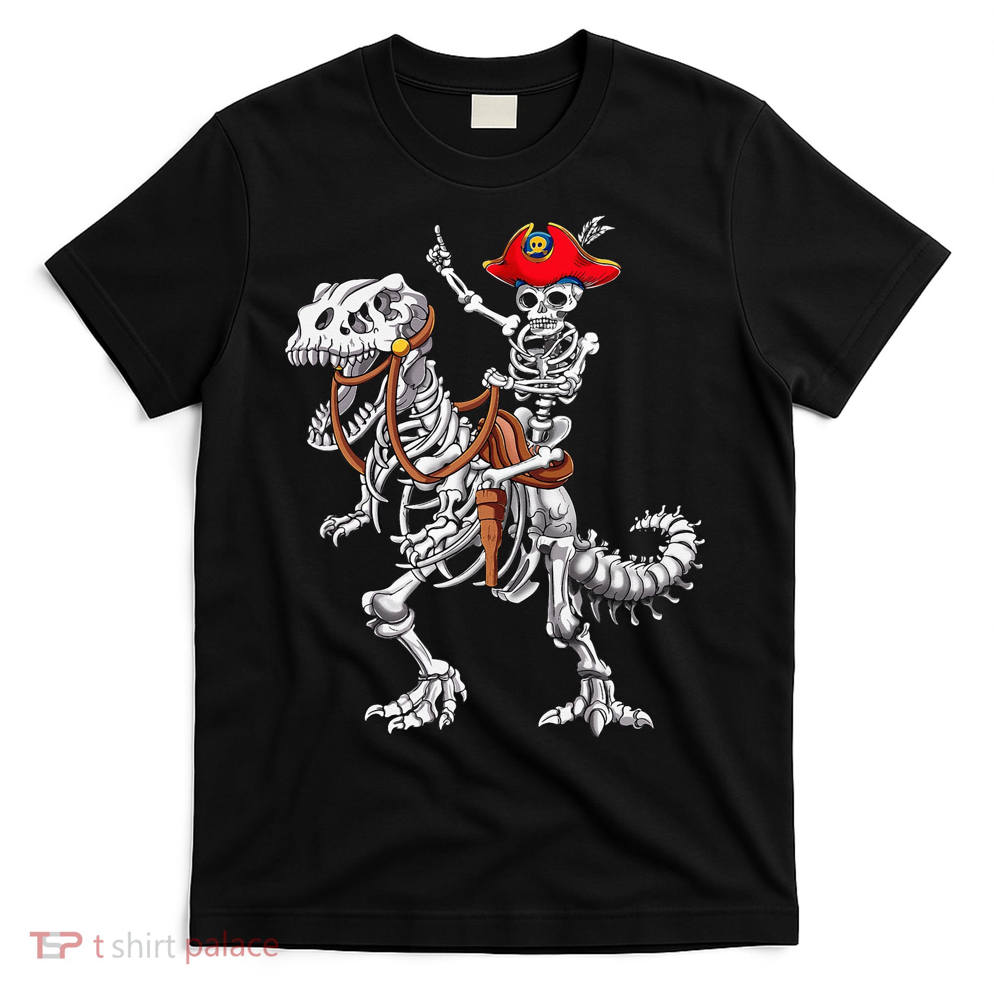 Skeleton Pirate Riding Skeleton Dinosaur Halloween Costume T-Shirt