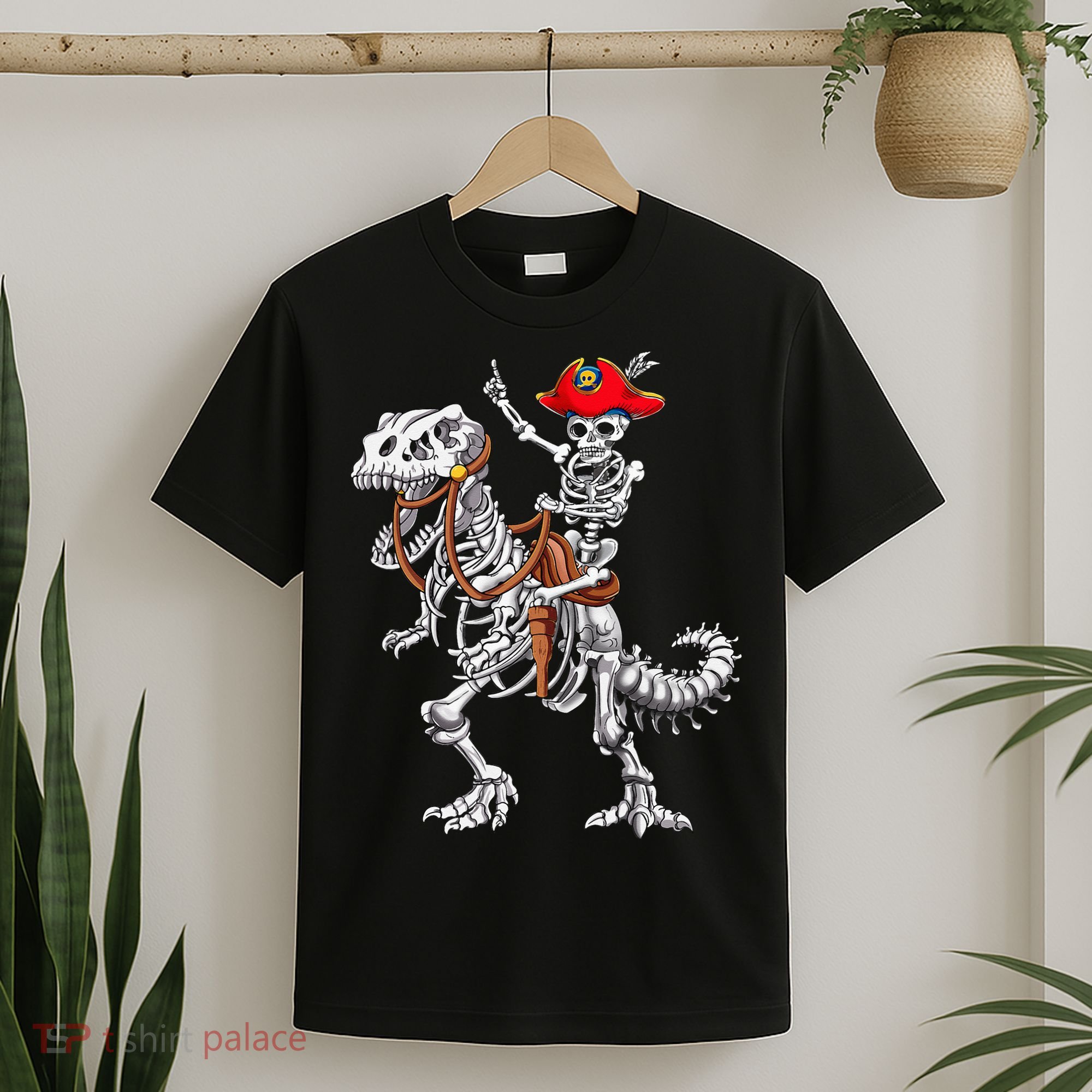 Skeleton Pirate Riding Skeleton Dinosaur Halloween Costume T-Shirt