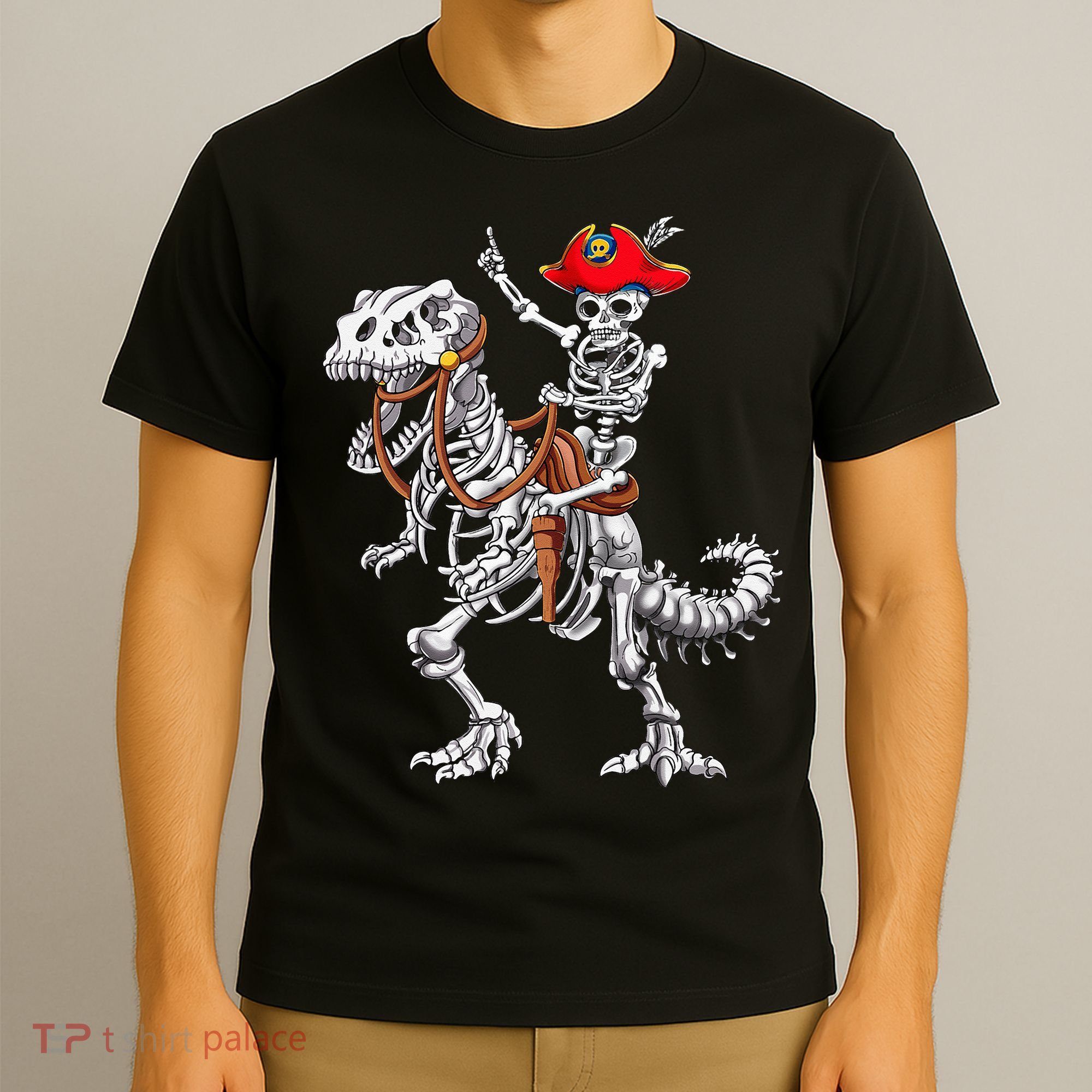Skeleton Pirate Riding Skeleton Dinosaur Halloween Costume T-Shirt