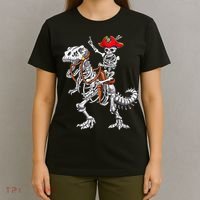 Skeleton Pirate Riding Skeleton Dinosaur Halloween Costume T-Shirt thumb 4