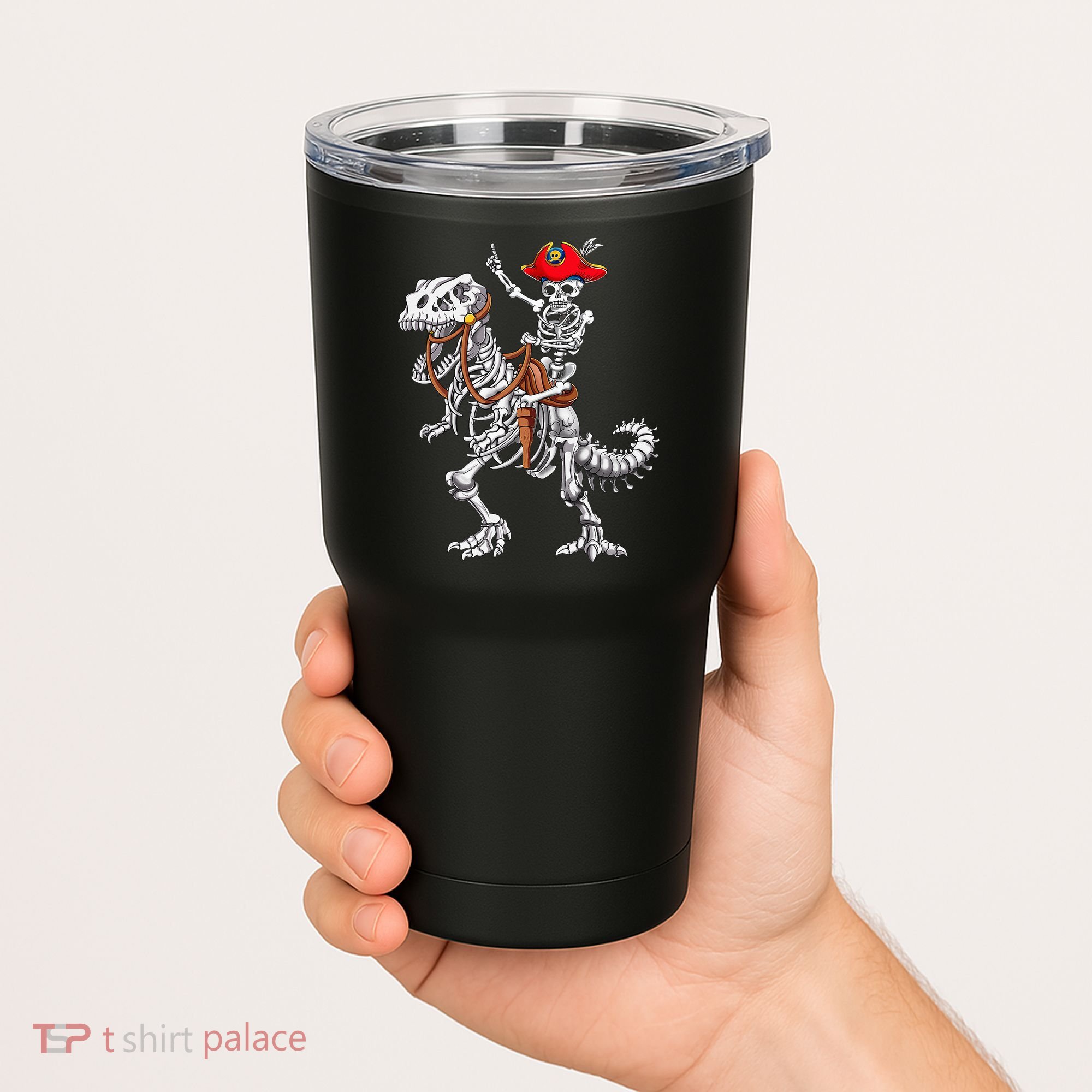 Skeleton Pirate Riding Skeleton Dinosaur Halloween Costume Tumbler