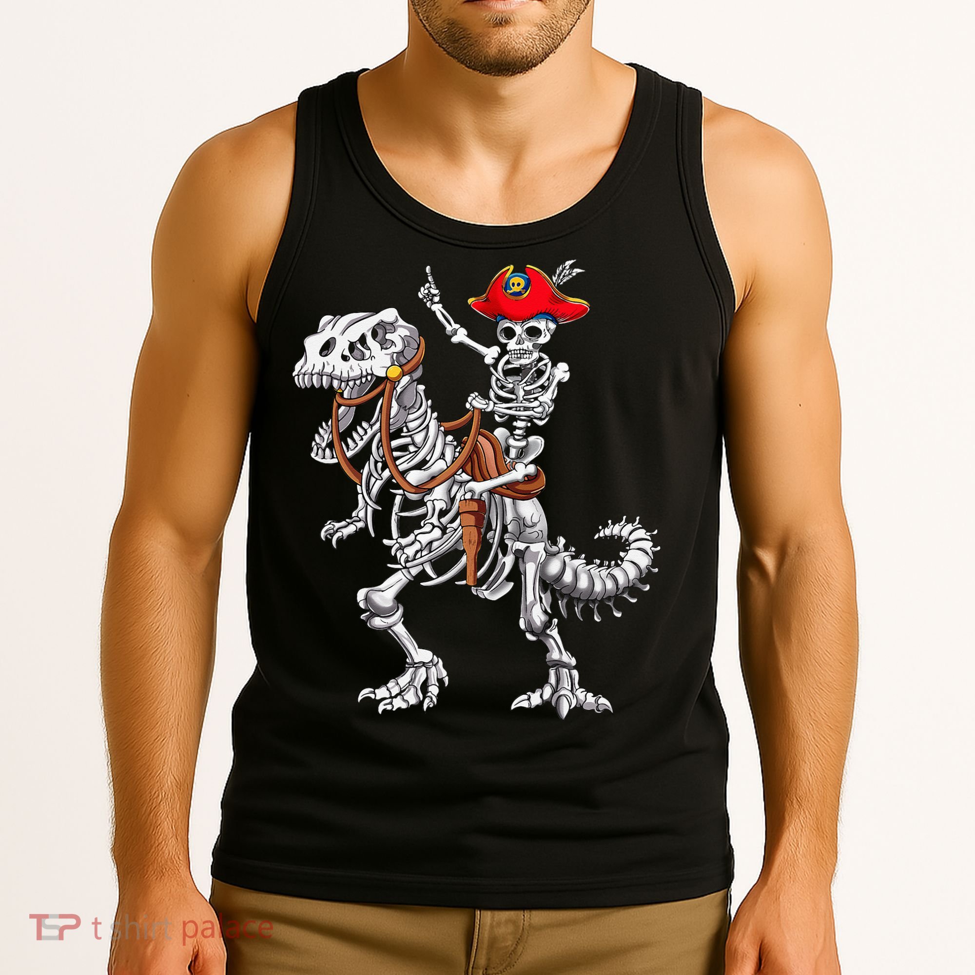 Skeleton Pirate Riding Skeleton Dinosaur Halloween Costume Tank Top
