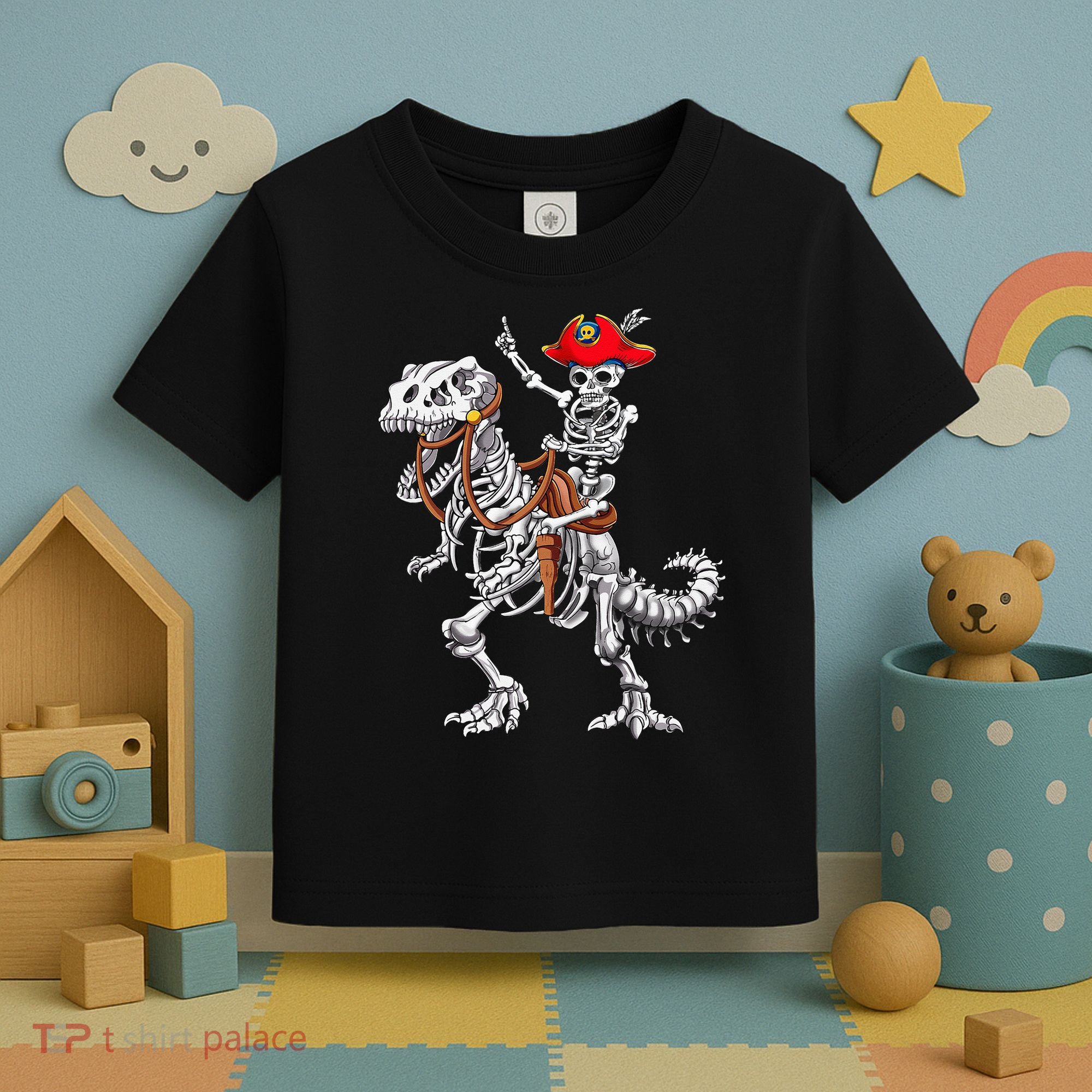 Skeleton Pirate Riding Skeleton Dinosaur Halloween Costume Toddler T-Shirt