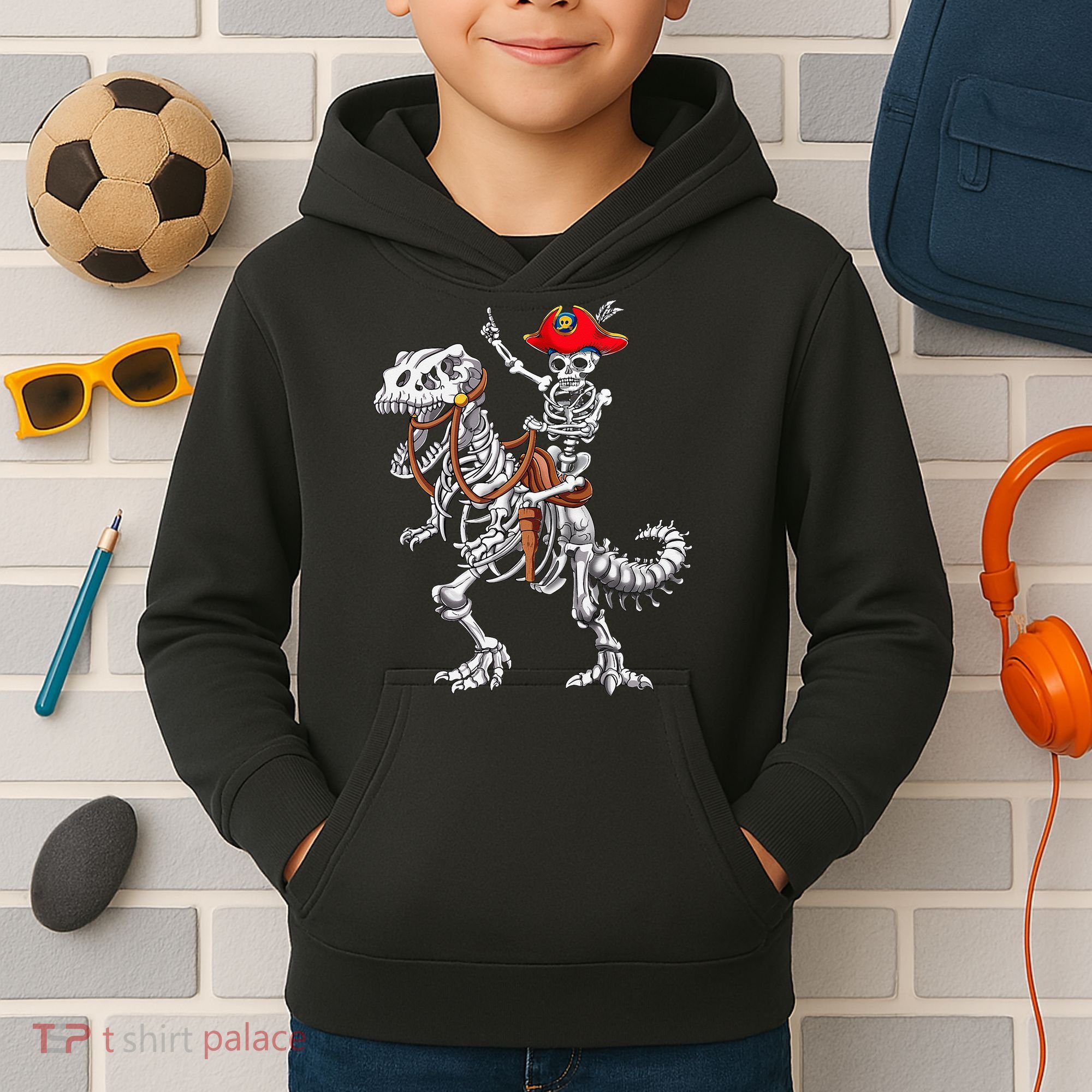 Skeleton Pirate Riding Skeleton Dinosaur Halloween Costume Kids Hoodie
