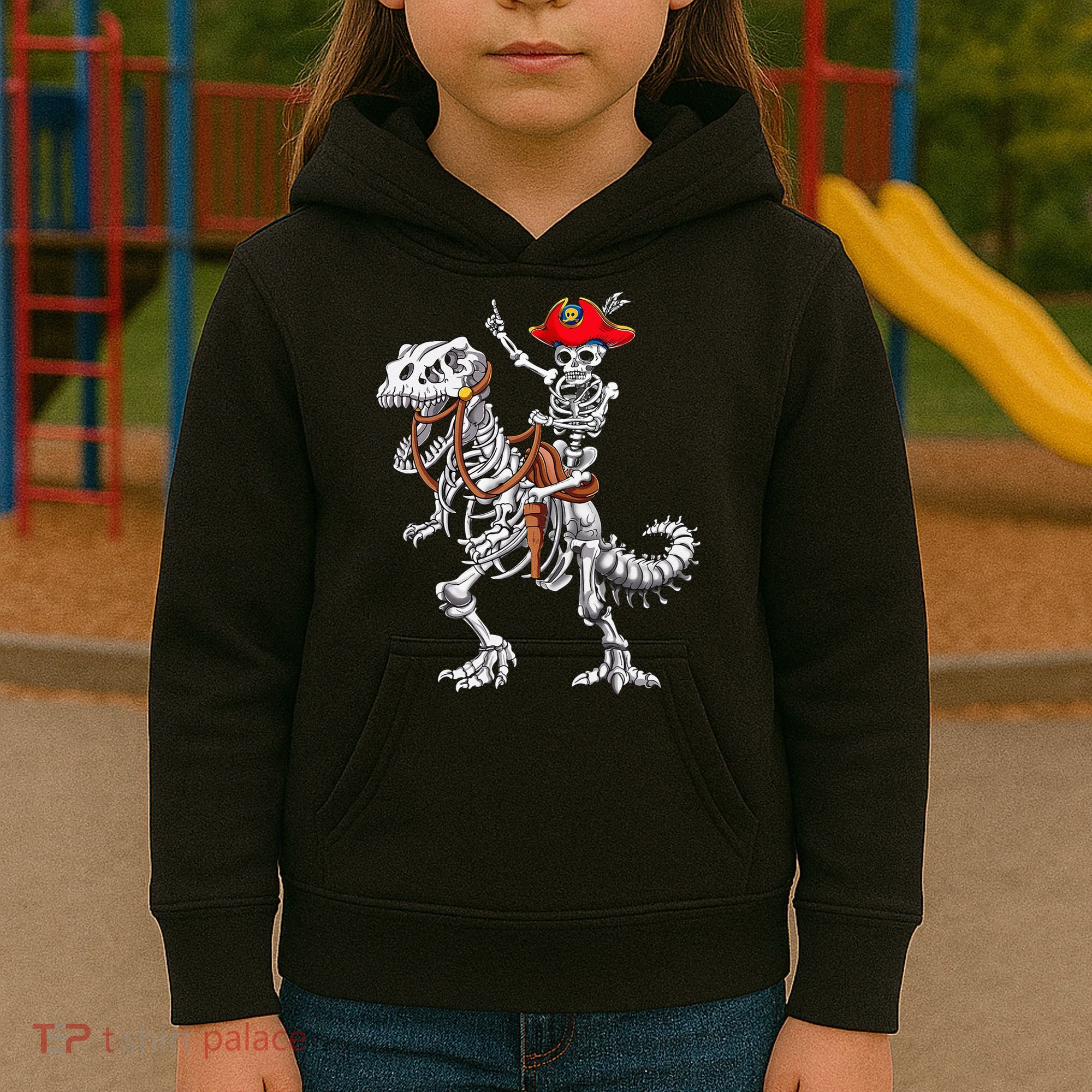 Skeleton Pirate Riding Skeleton Dinosaur Halloween Costume Kids Hoodie
