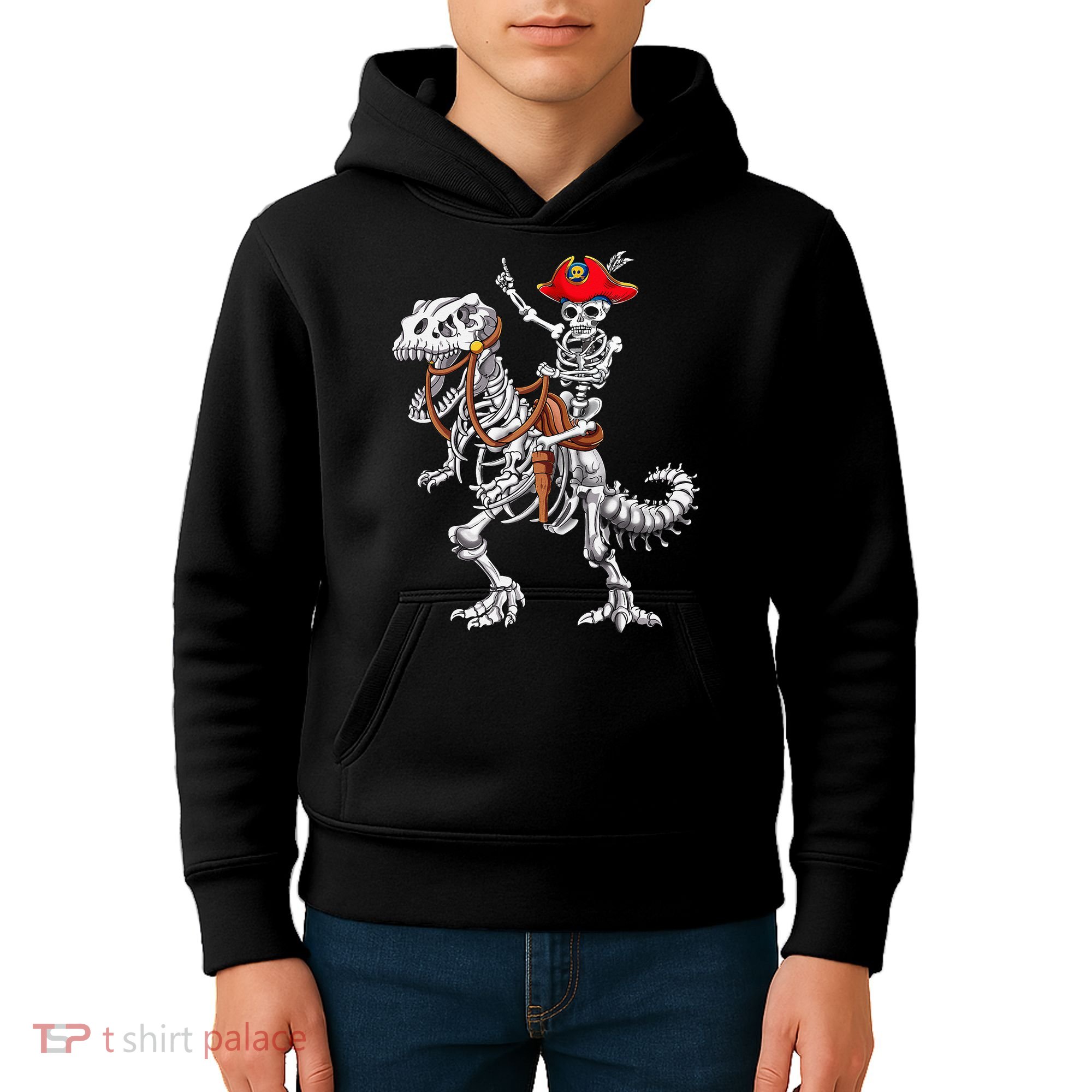 Skeleton Pirate Riding Skeleton Dinosaur Halloween Costume Kids Hoodie