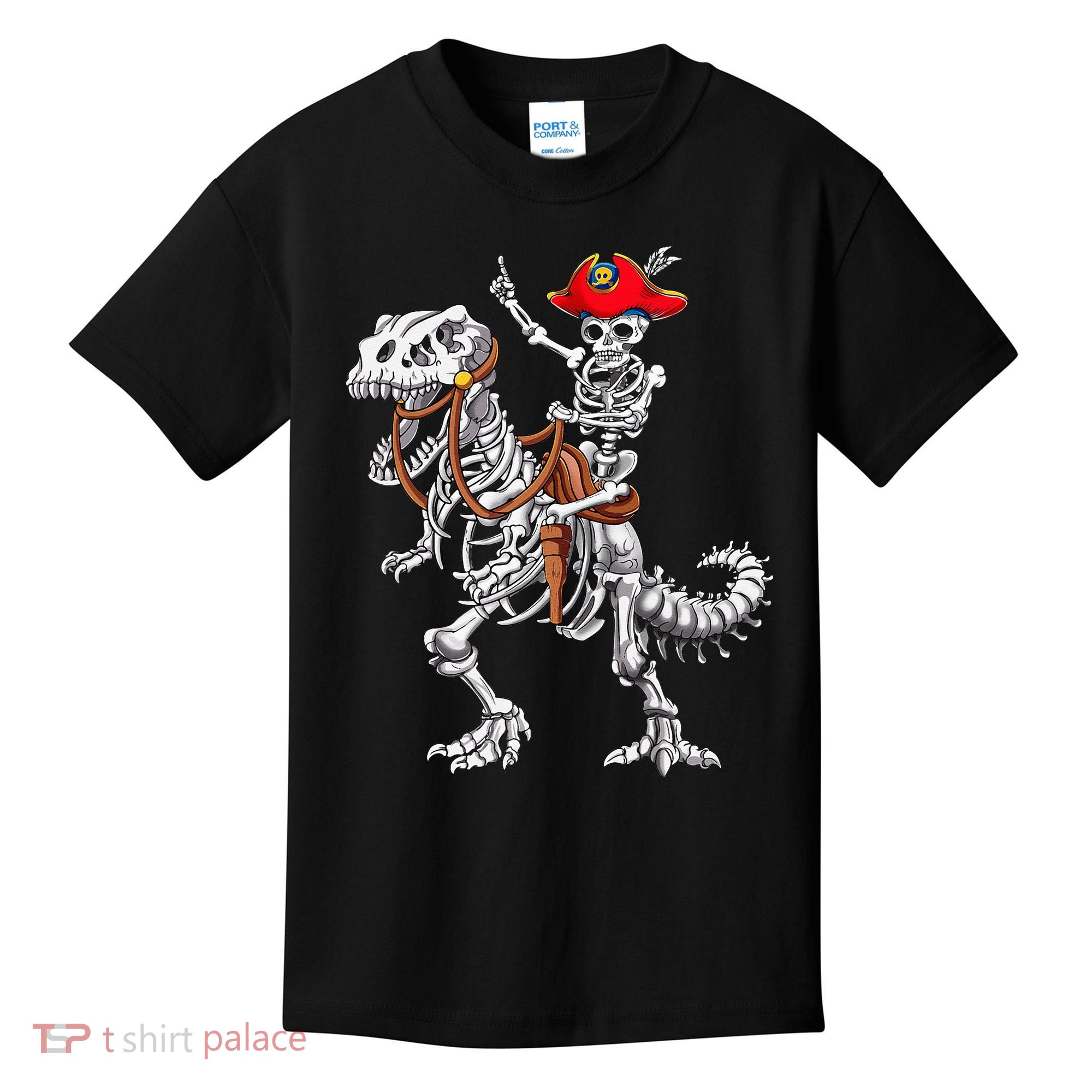 Skeleton Pirate Riding Skeleton Dinosaur Halloween Costume Kids T-Shirt