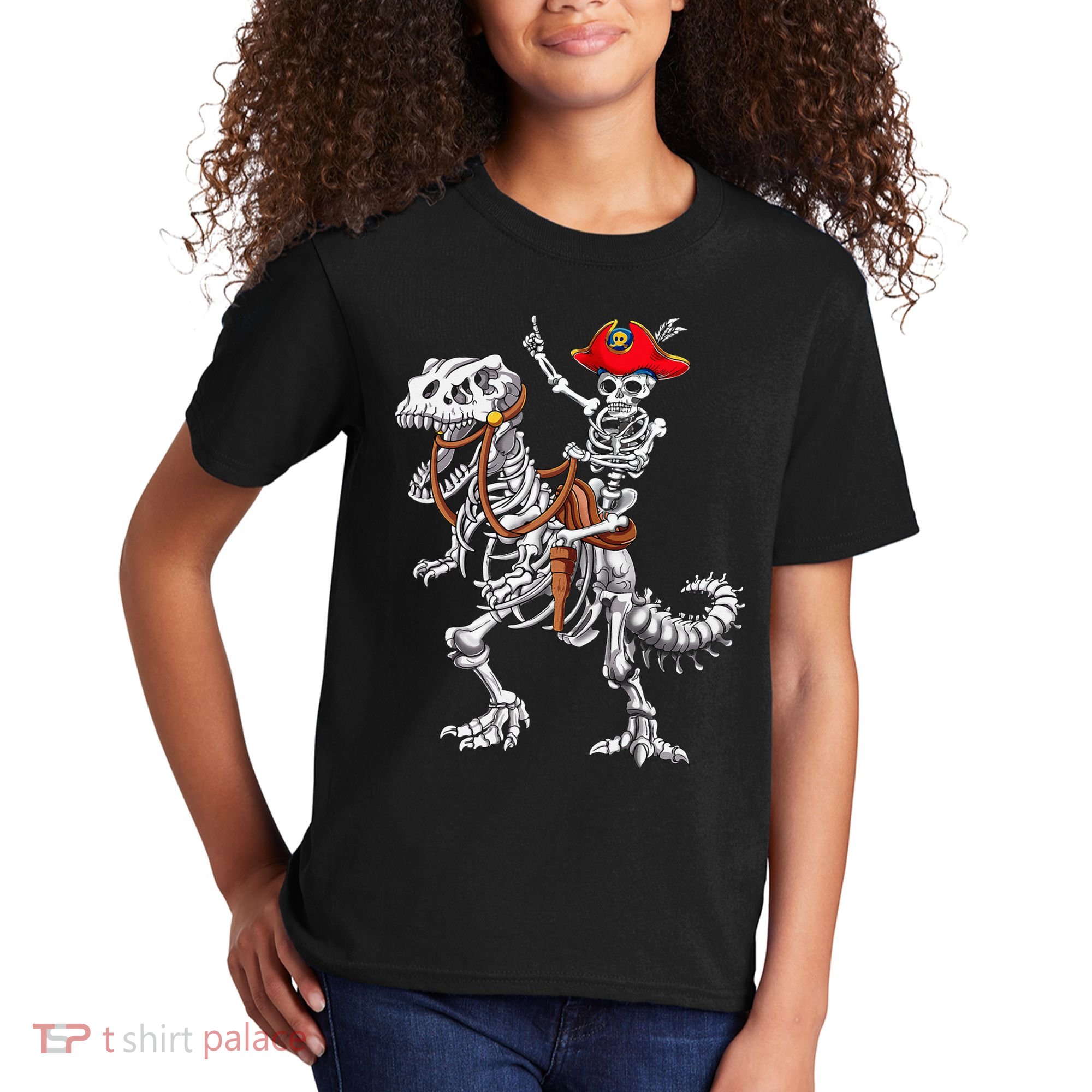 Skeleton Pirate Riding Skeleton Dinosaur Halloween Costume Kids T-Shirt