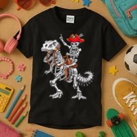 Skeleton Pirate Riding Skeleton Dinosaur Halloween Costume Kids T-Shirt thumb 3
