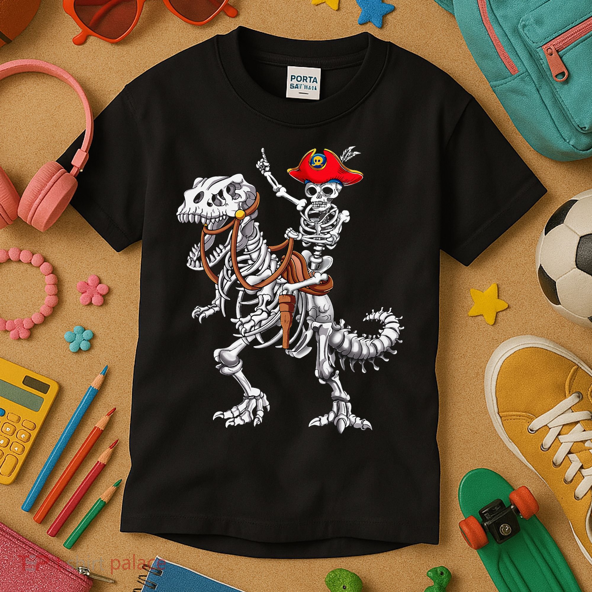Skeleton Pirate Riding Skeleton Dinosaur Halloween Costume Kids T-Shirt