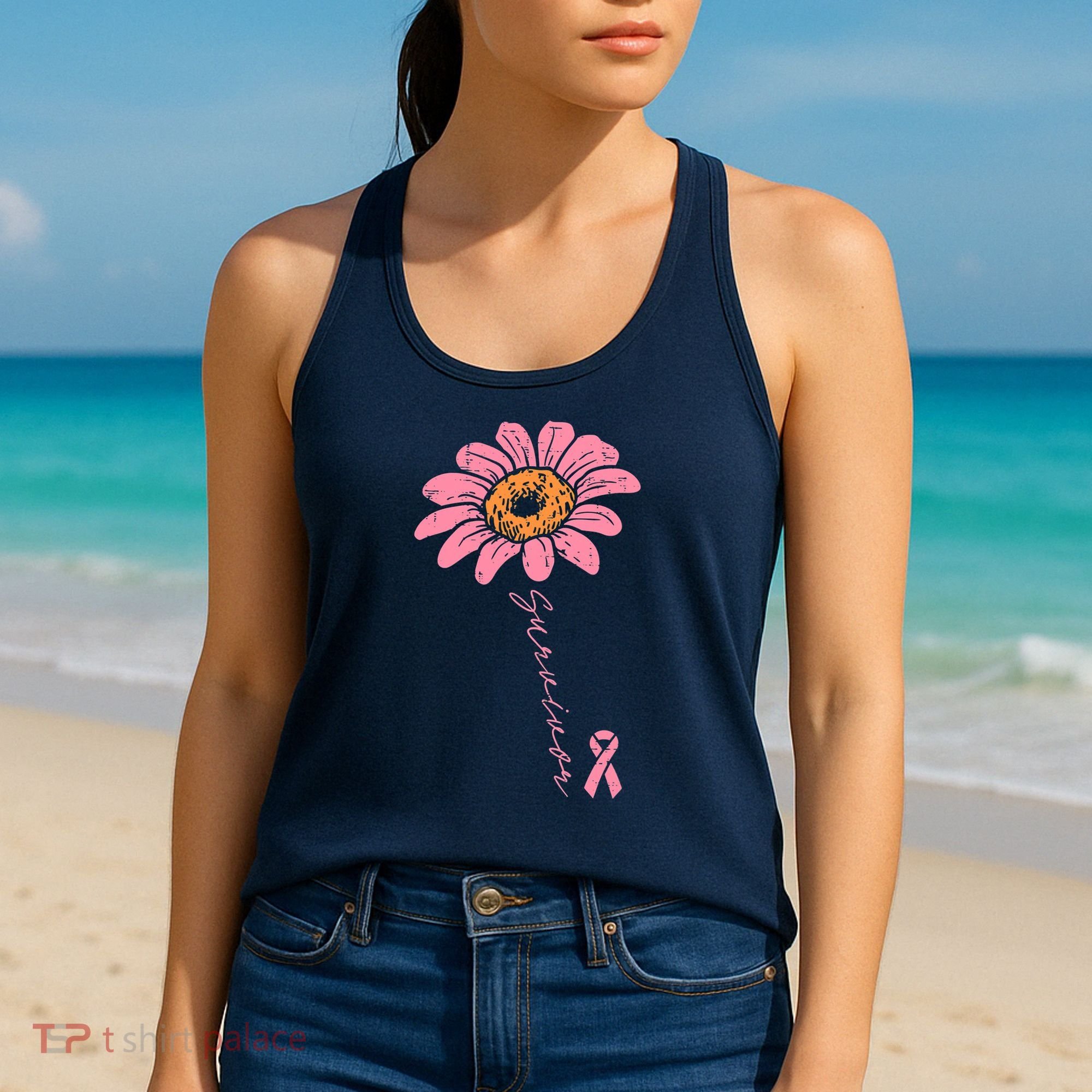 Sunflower Pink Ribbon Breast Cancer Survivor Awareness Women's Tank Top
