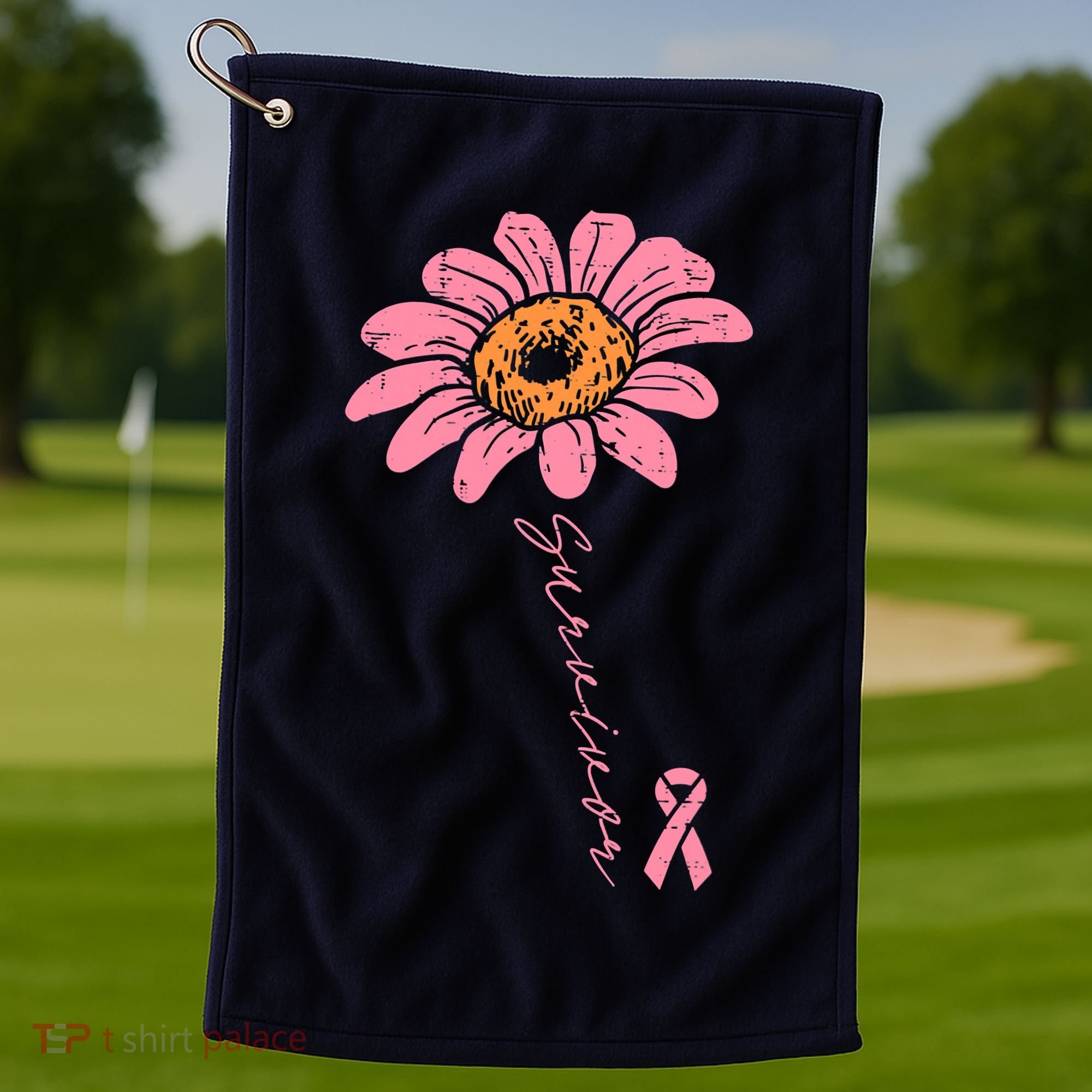 Sunflower Pink Ribbon Breast Cancer Survivor Awareness Golf Towel