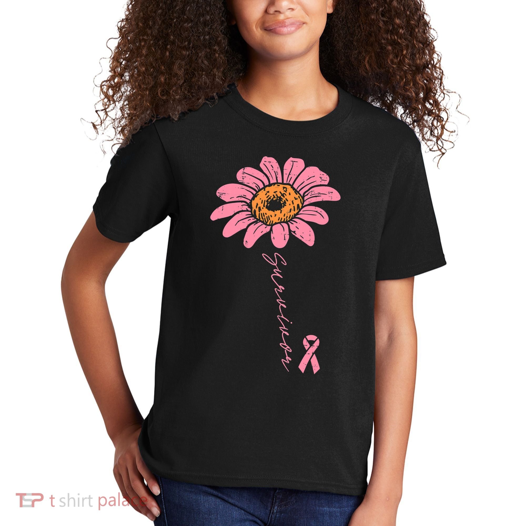 Sunflower Pink Ribbon Breast Cancer Survivor Awareness Kids T-Shirt