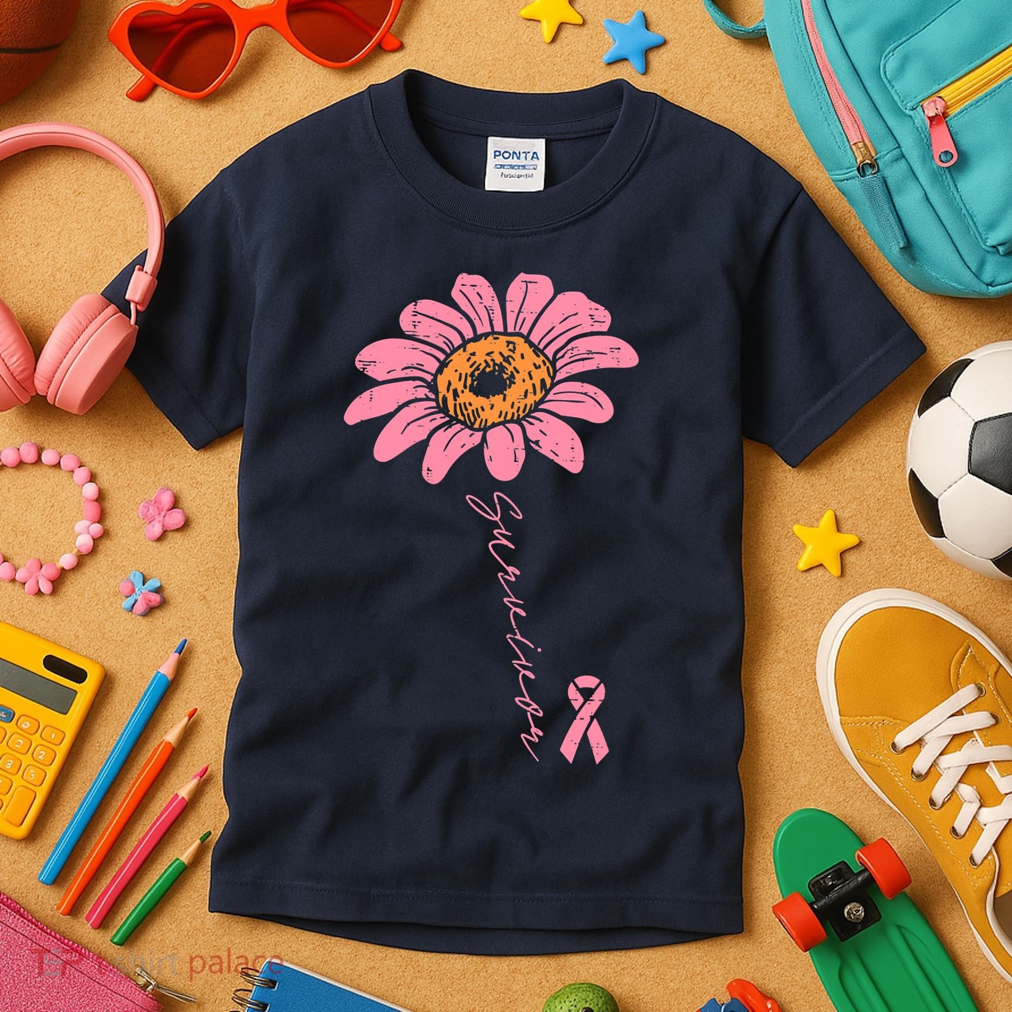 Sunflower Pink Ribbon Breast Cancer Survivor Awareness Kids T-Shirt