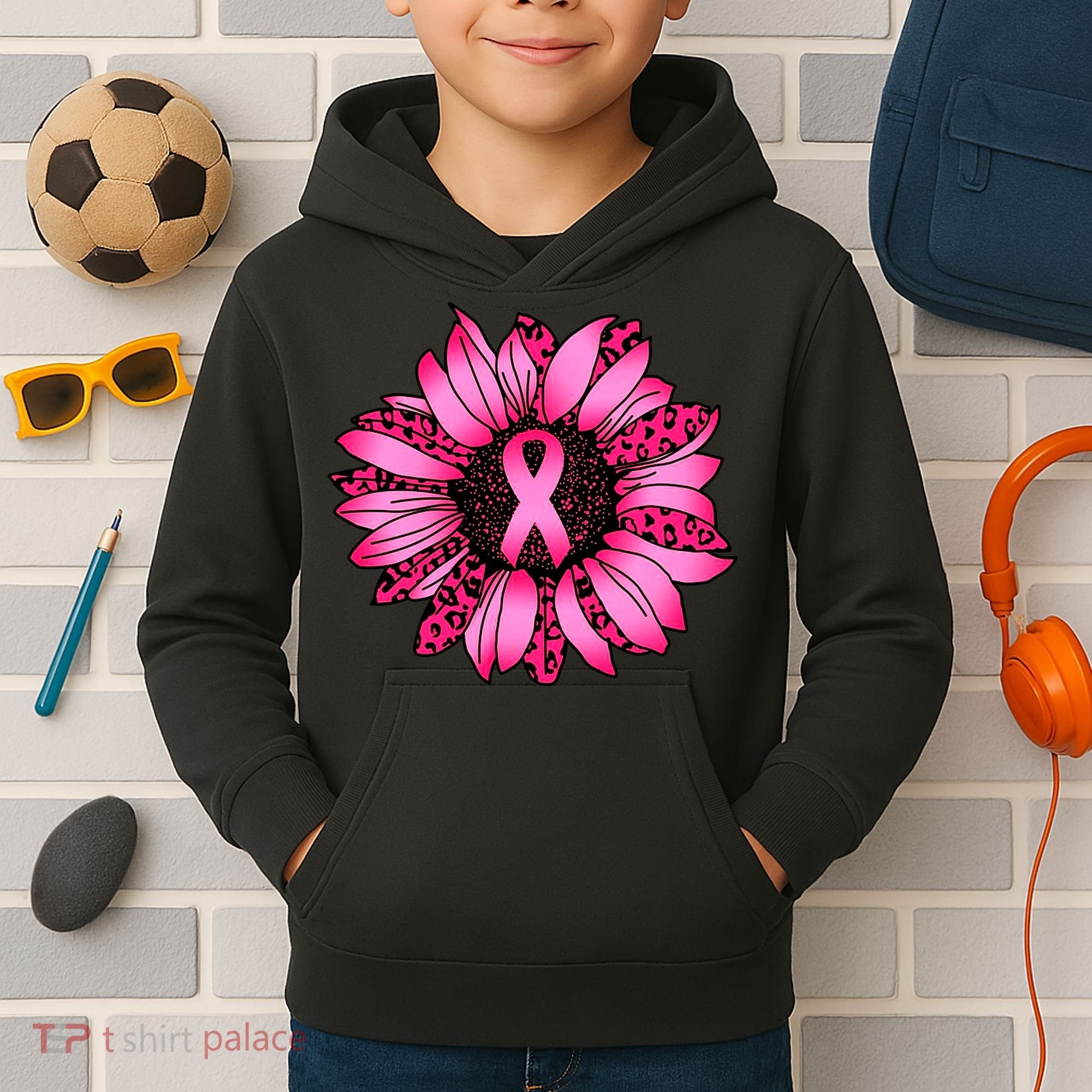 Sunflower Pink Ribbon Breast Cancer Awareness Kids Hoodie