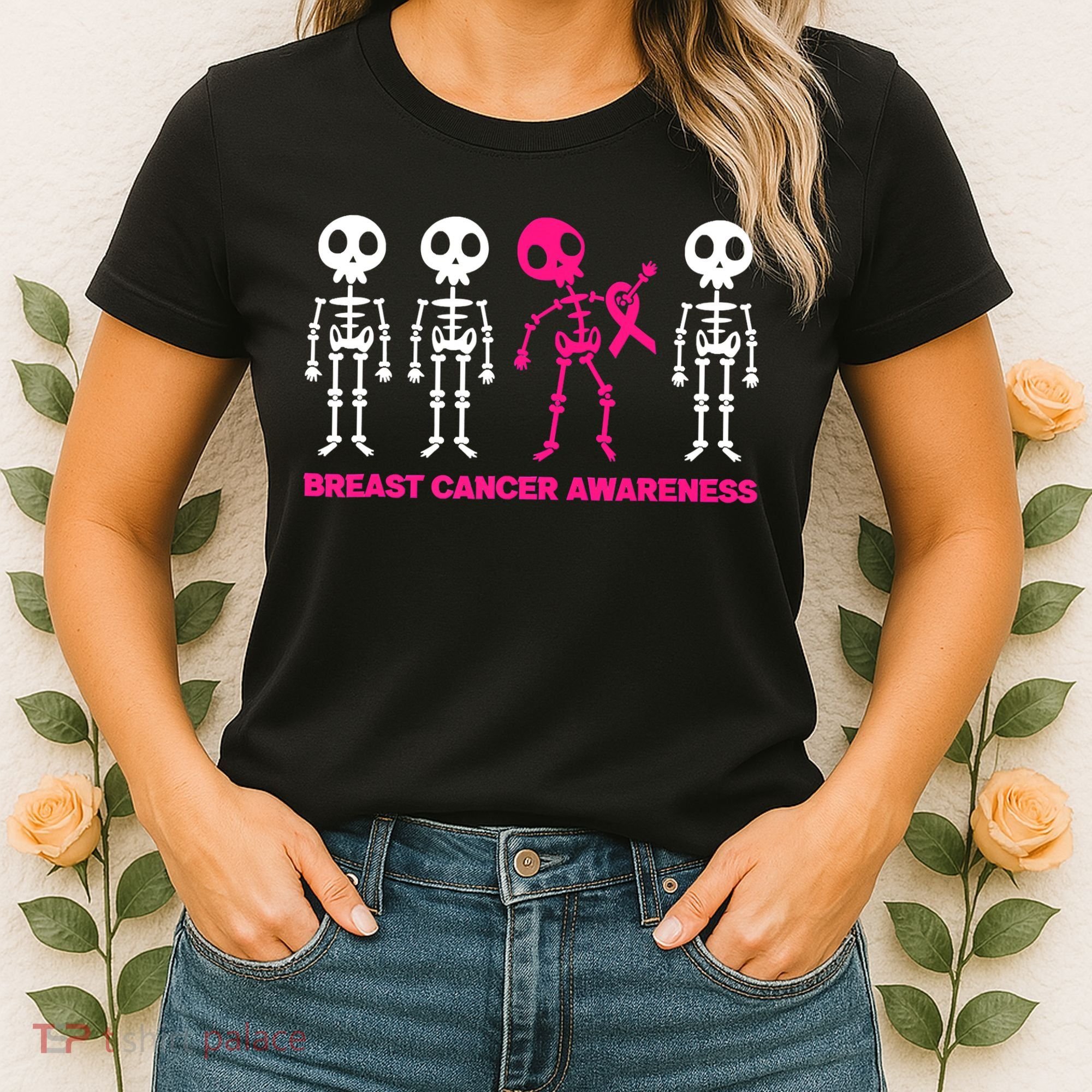 Skeleton Pink Ribbon Breast Cancer Awareness Halloween Boys Women's T-Shirt