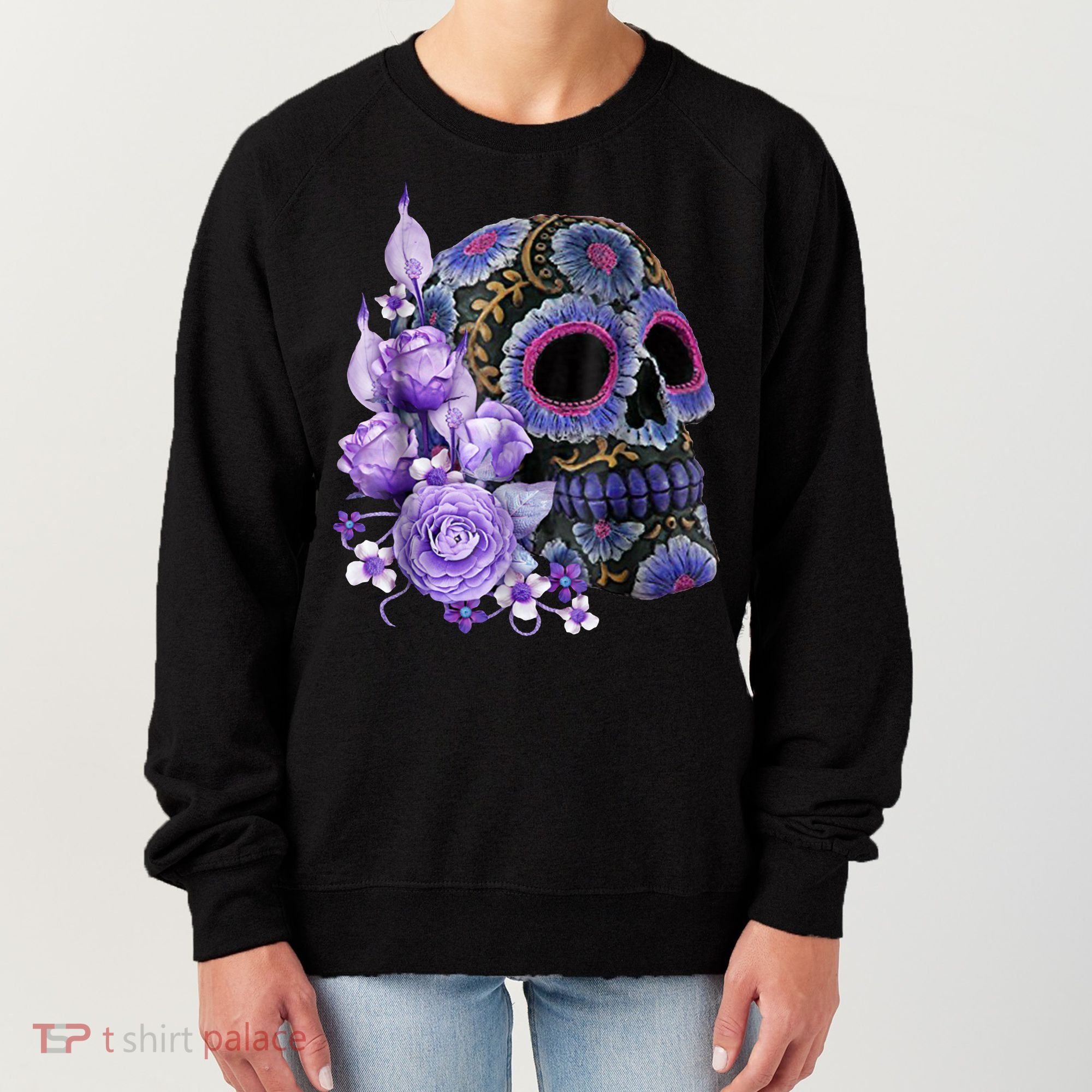 Sugar Purple Rose Skull Floral Women's Sweatshirt