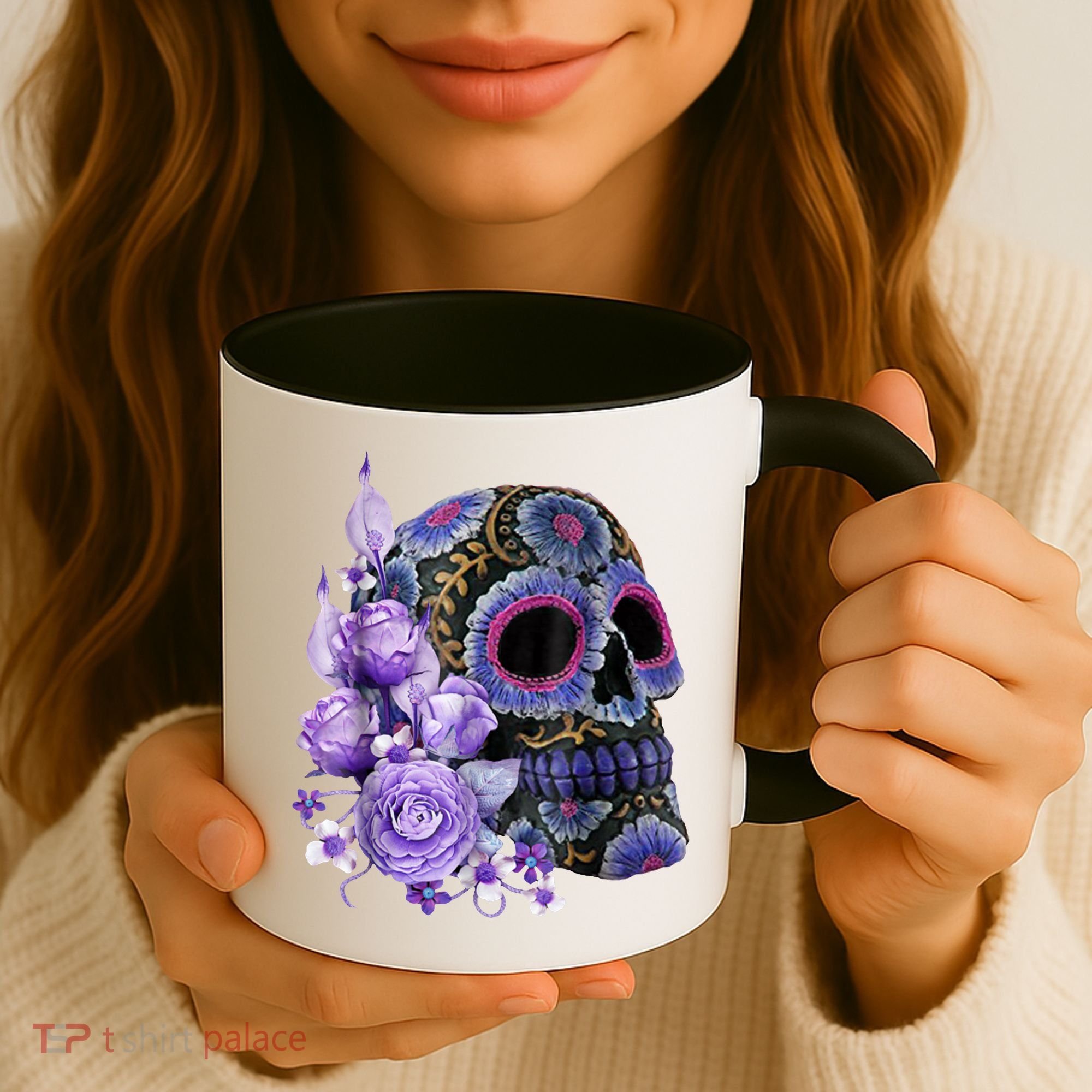 Sugar Purple Rose Skull Floral Coffee Mug