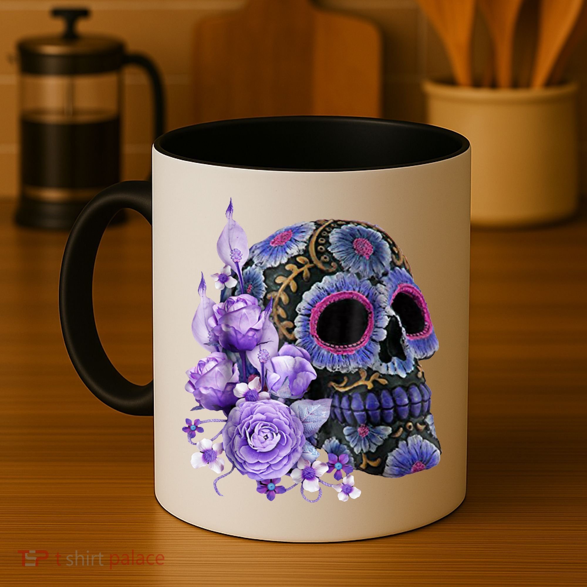 Sugar Purple Rose Skull Floral Coffee Mug