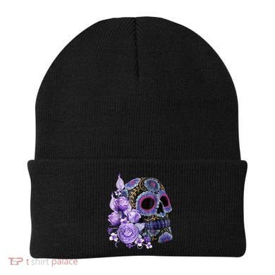Sugar Purple Rose Skull Floral Beanie