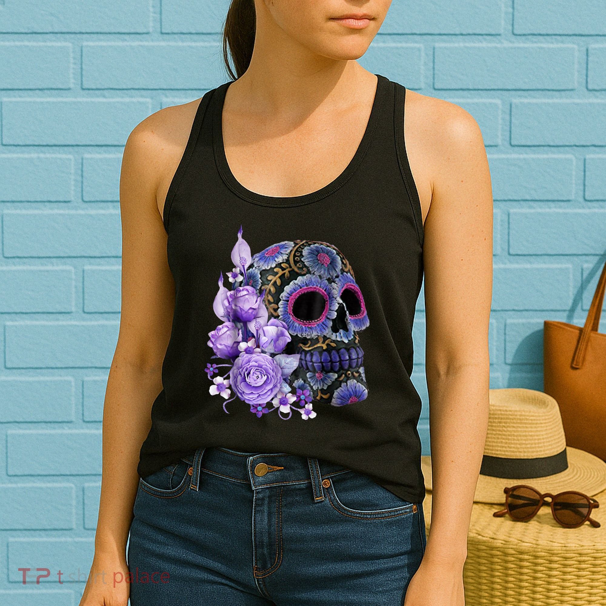 Sugar Purple Rose Skull Floral Women's Tank Top