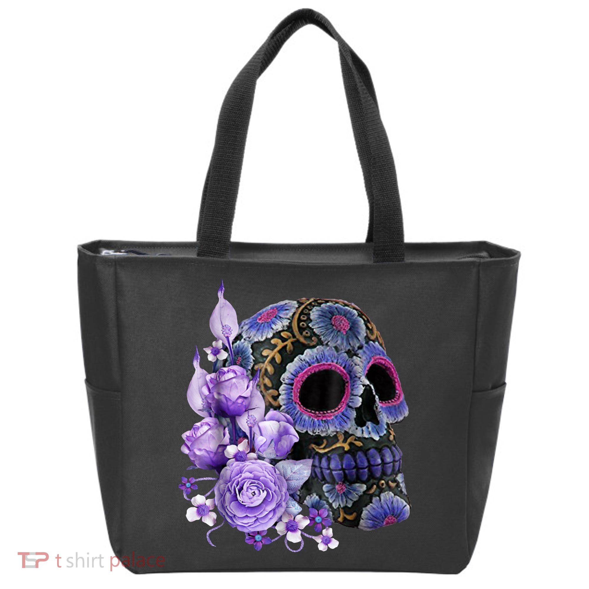 Sugar Purple Rose Skull Floral Tote Bag