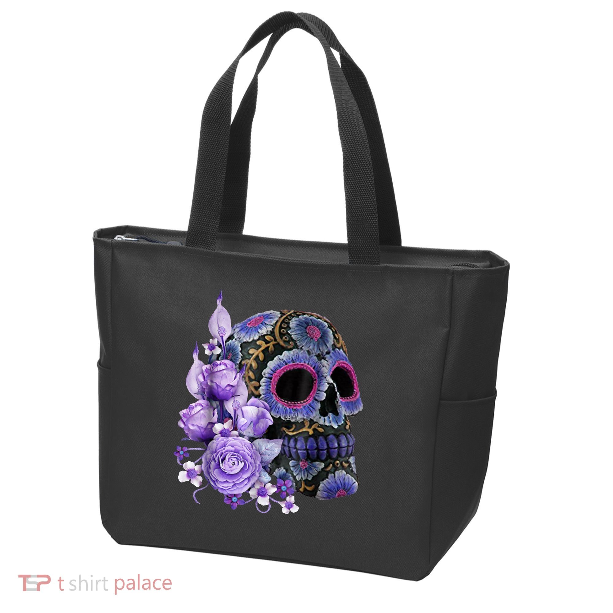 Sugar Purple Rose Skull Floral Tote Bag