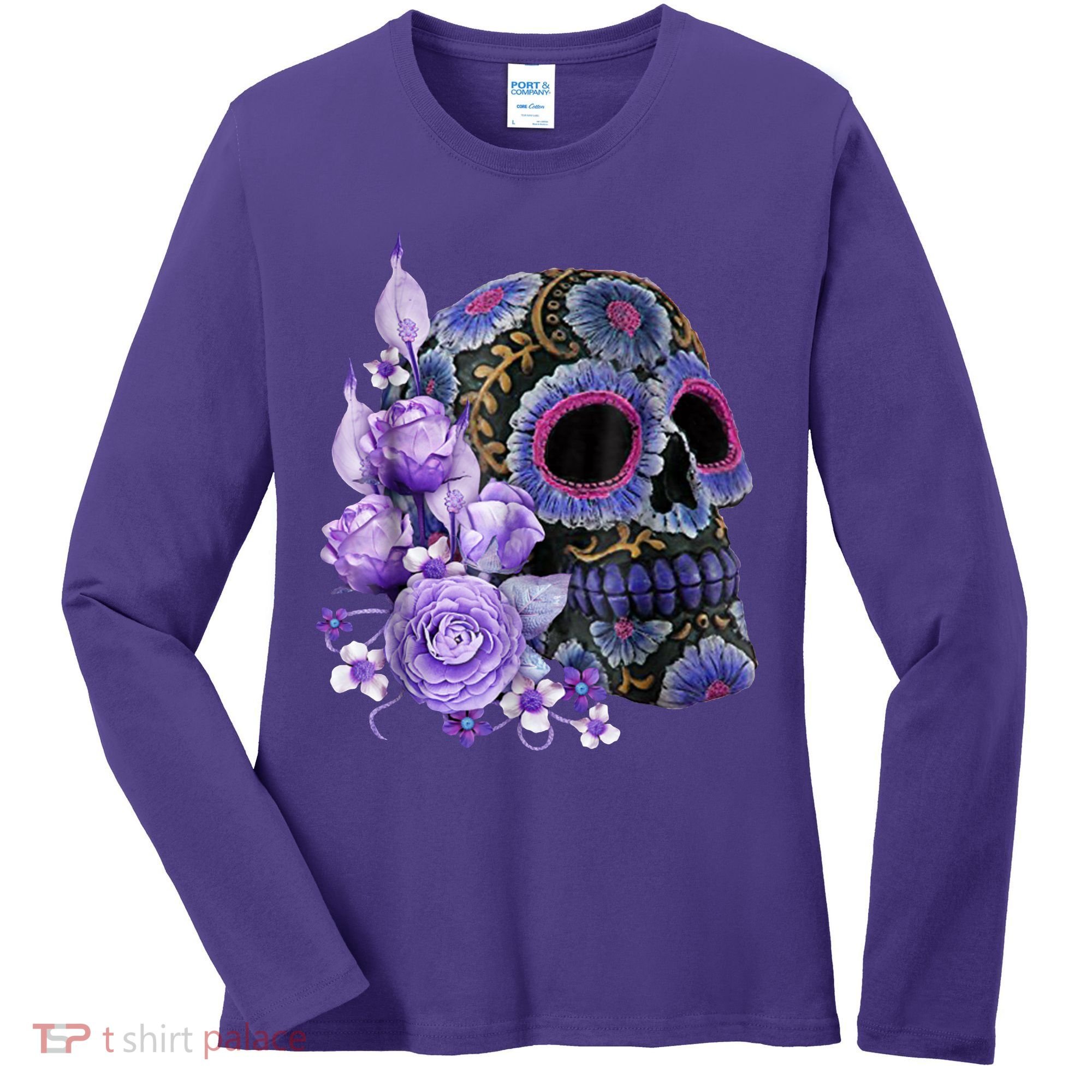 Sugar Purple Rose Skull Floral Women's Long Sleeve Shirt