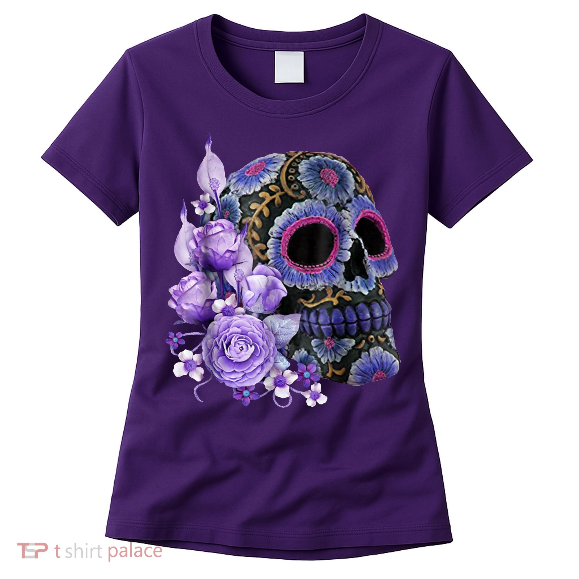Sugar Purple Rose Skull Floral Women's T-Shirt