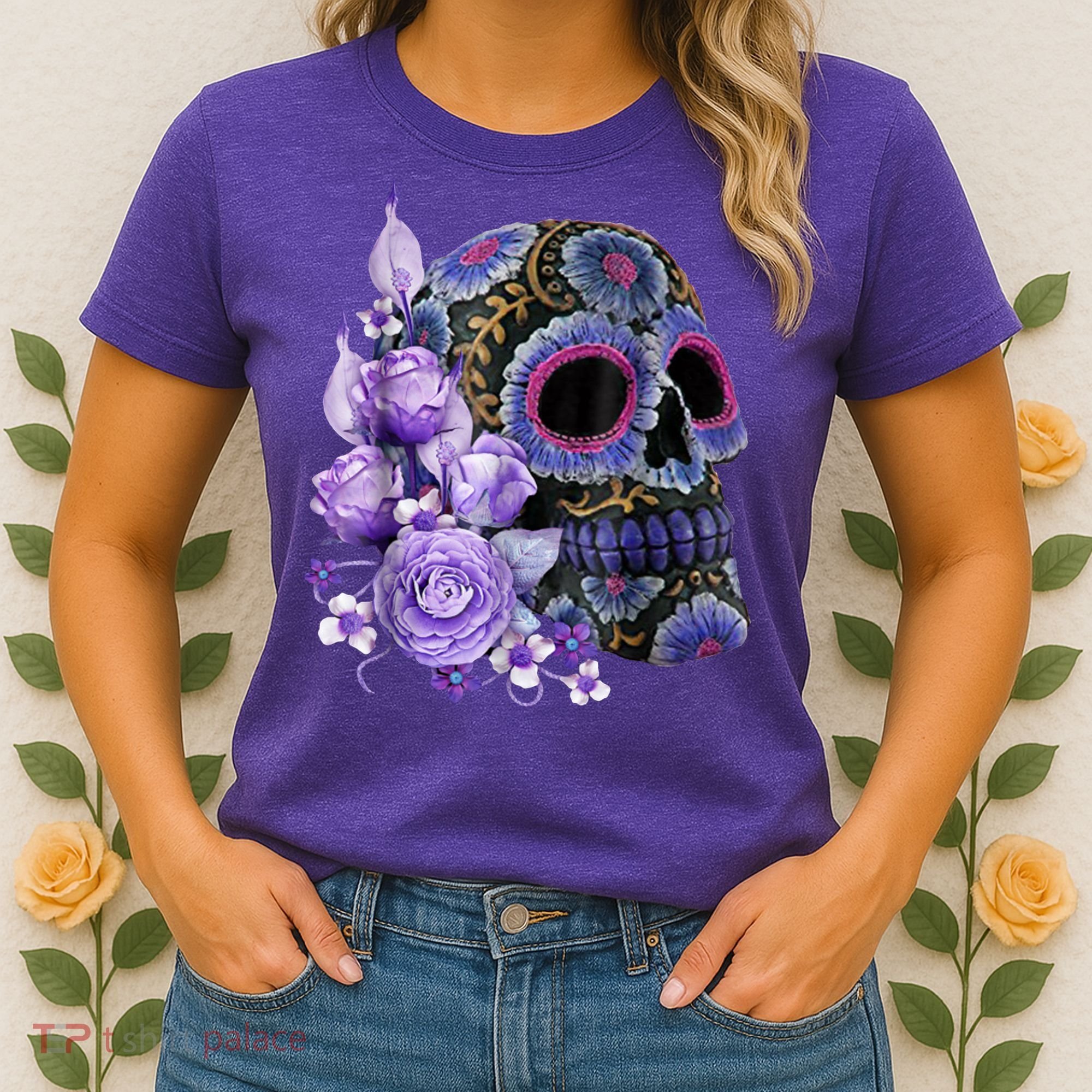 Sugar Purple Rose Skull Floral Women's T-Shirt