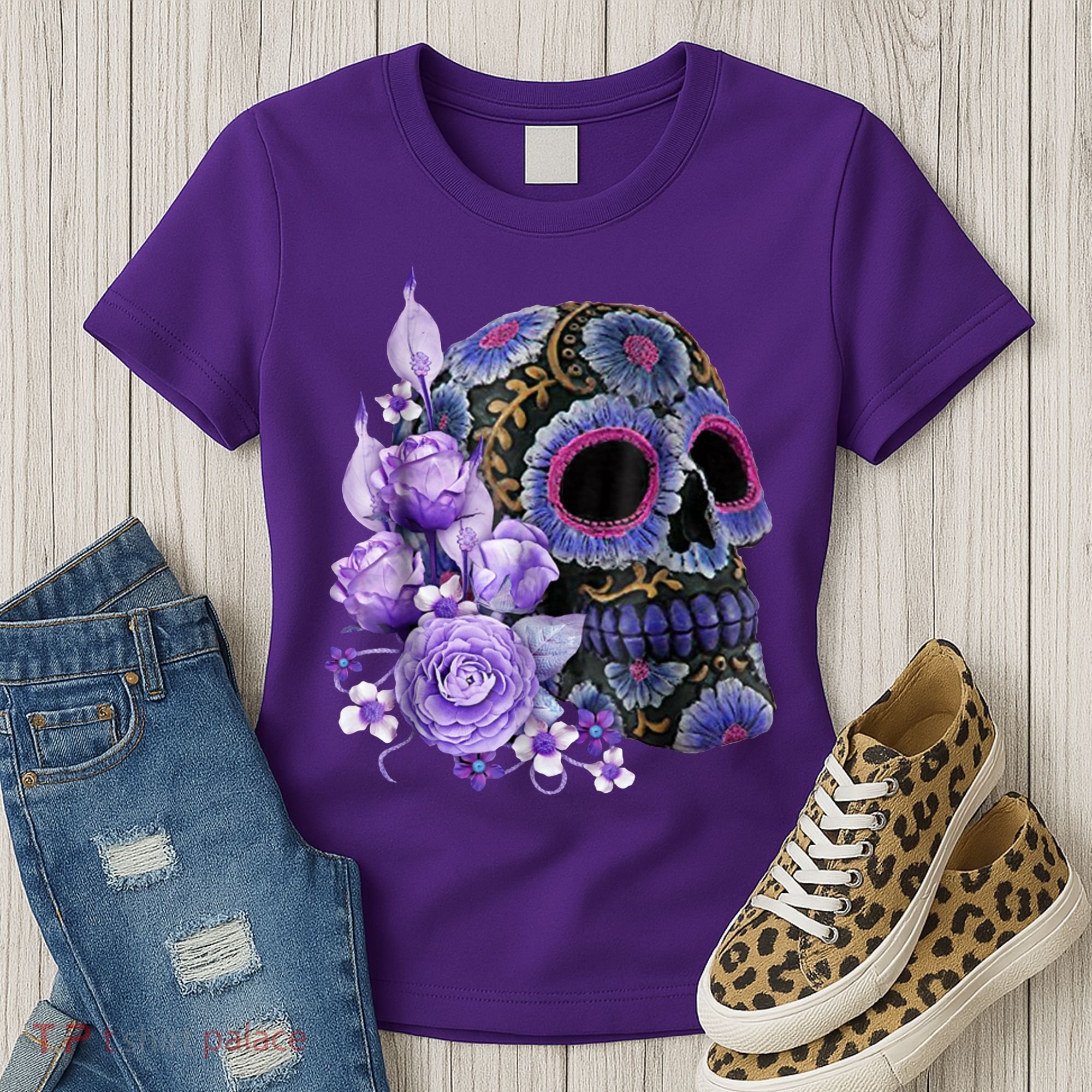 Sugar Purple Rose Skull Floral Women's T-Shirt
