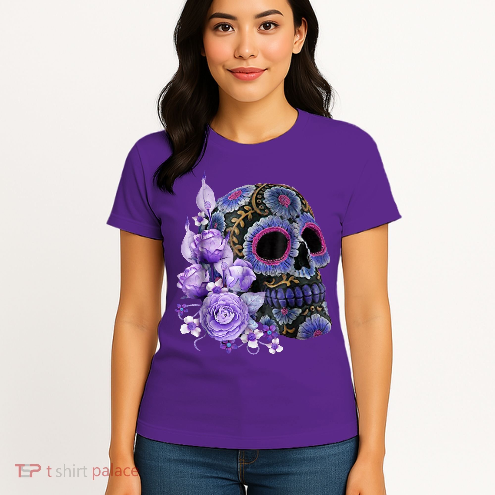 Sugar Purple Rose Skull Floral Women's T-Shirt